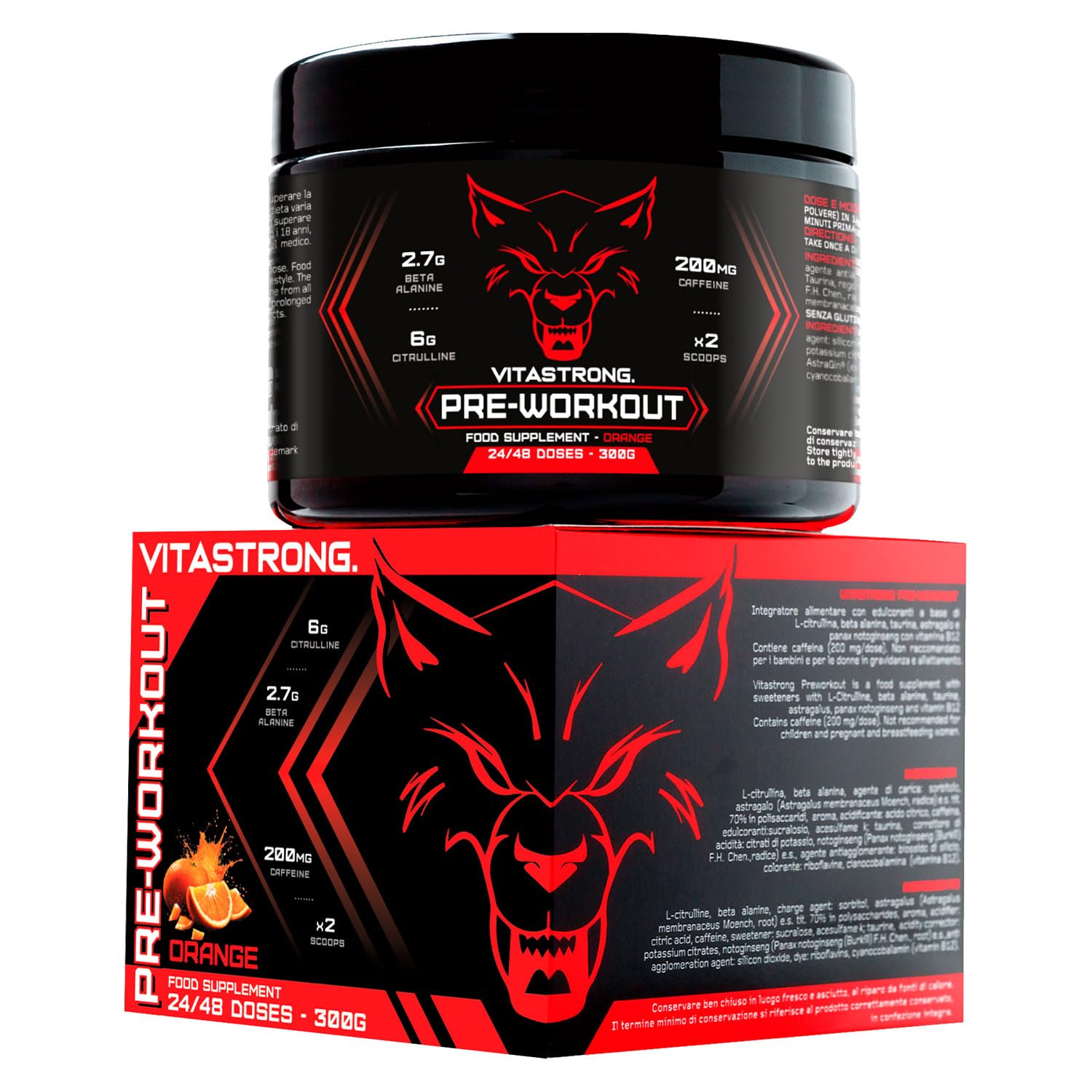 Pre Workout Booster Puissant 300g, Goût Orange, 24 Portions, Vitastrong | Vegan Preworkout, Vitamine B12, L Citrulline, Beta Alanine, Cafeine, Taurine, AstraGin