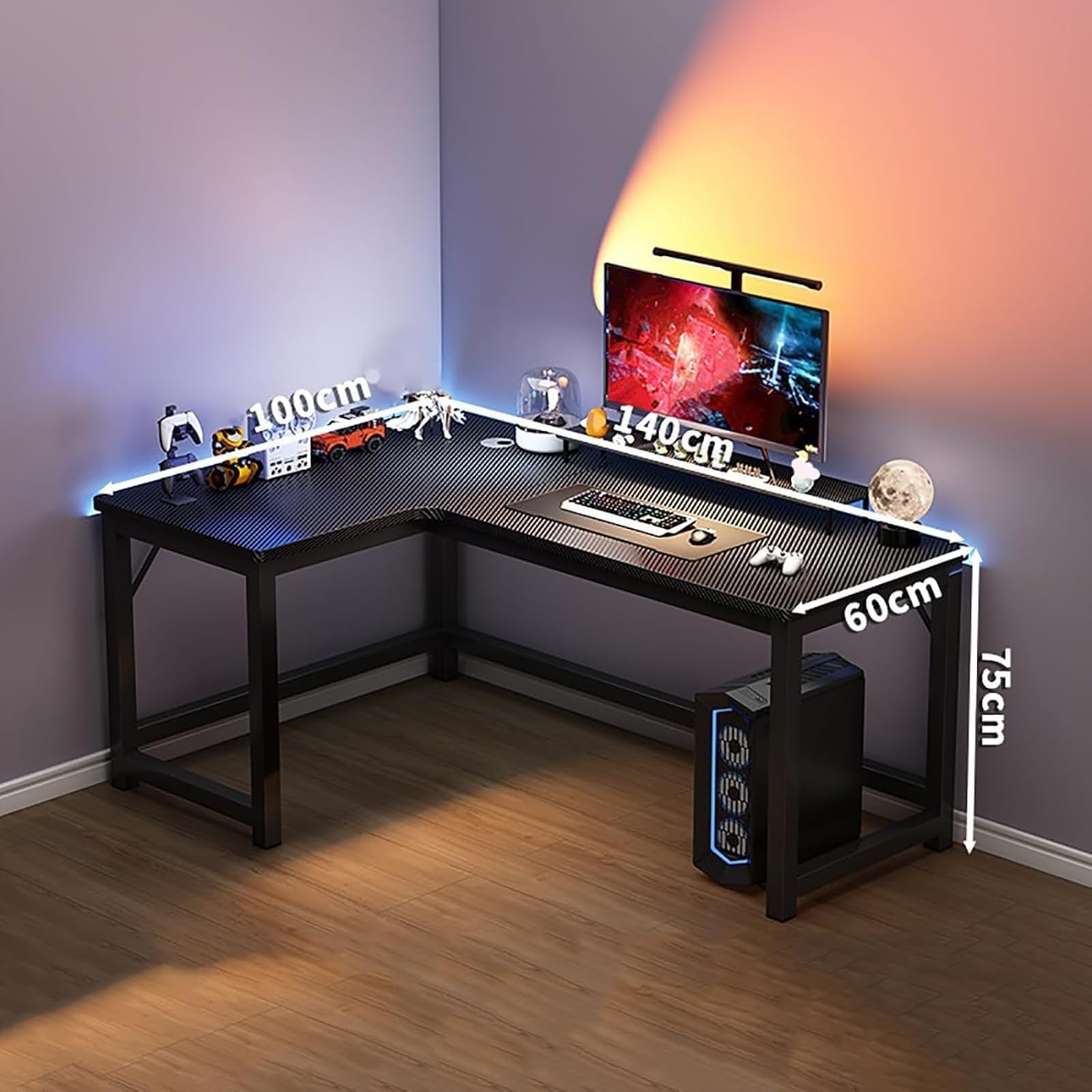 Tavolo per Computer Tipo L, Grande Scrivania Esecutiva, Finitura in Fibra di Carbonio, Base Tipo H, Gestione del Cavo, Capacità 100kg, Tavolo da Gioco Angolare Destro, 140 * 100cm