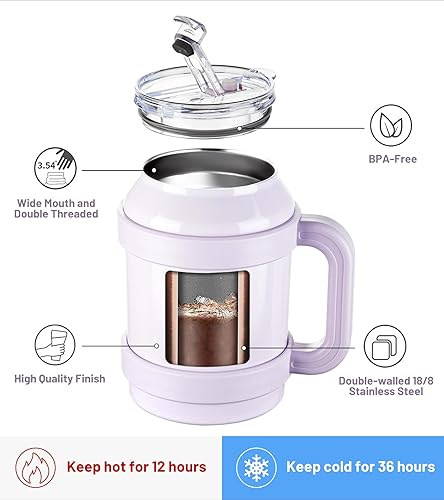 Miniatura 2 de TKK Vaso de 50 onzas con asa y pajilla, gran aislamiento al vacío, de doble pared, reutilizable, de acero inoxidable, jarra de viaje metálica para