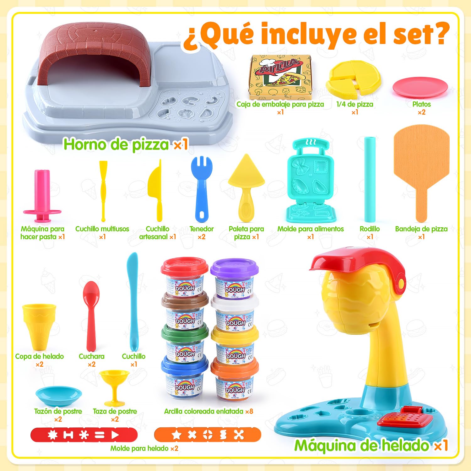 PLAY 2 en 1 Juego de Plastilina para Niños, Plastilina Maquina Helados y Máquina Pizza, 37 Piezas Kit Moldes Plastilina, Máquina para Hacer Pasta, Accesorios Plastelina para Niños 3+ Años