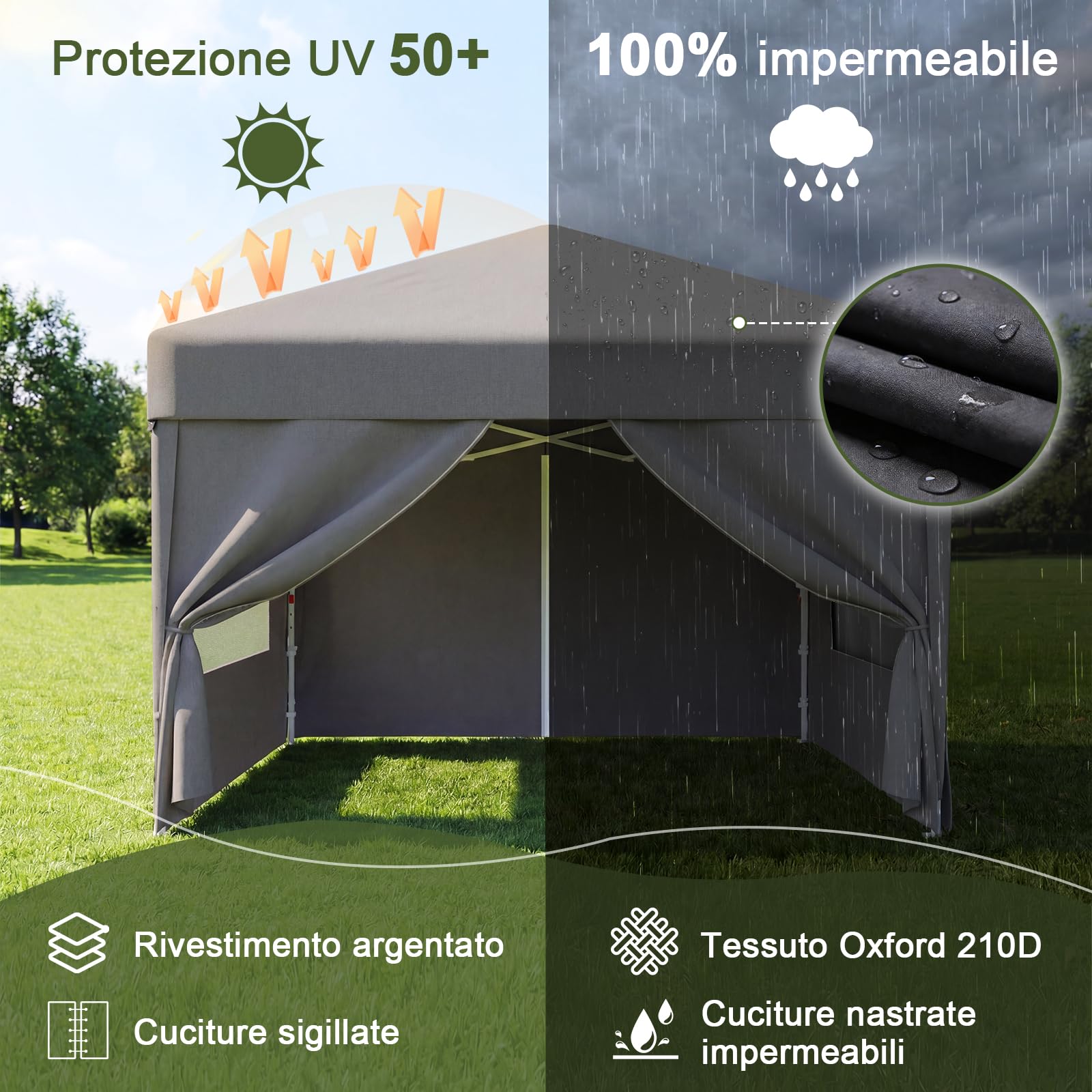 Devoko Gazebo Pieghevole 3x3 Impermeabile Stabile Invernale con Finestra a Rete Aerata, Protezione UV 50+, Tenda da Giardino Campeggio Grigio