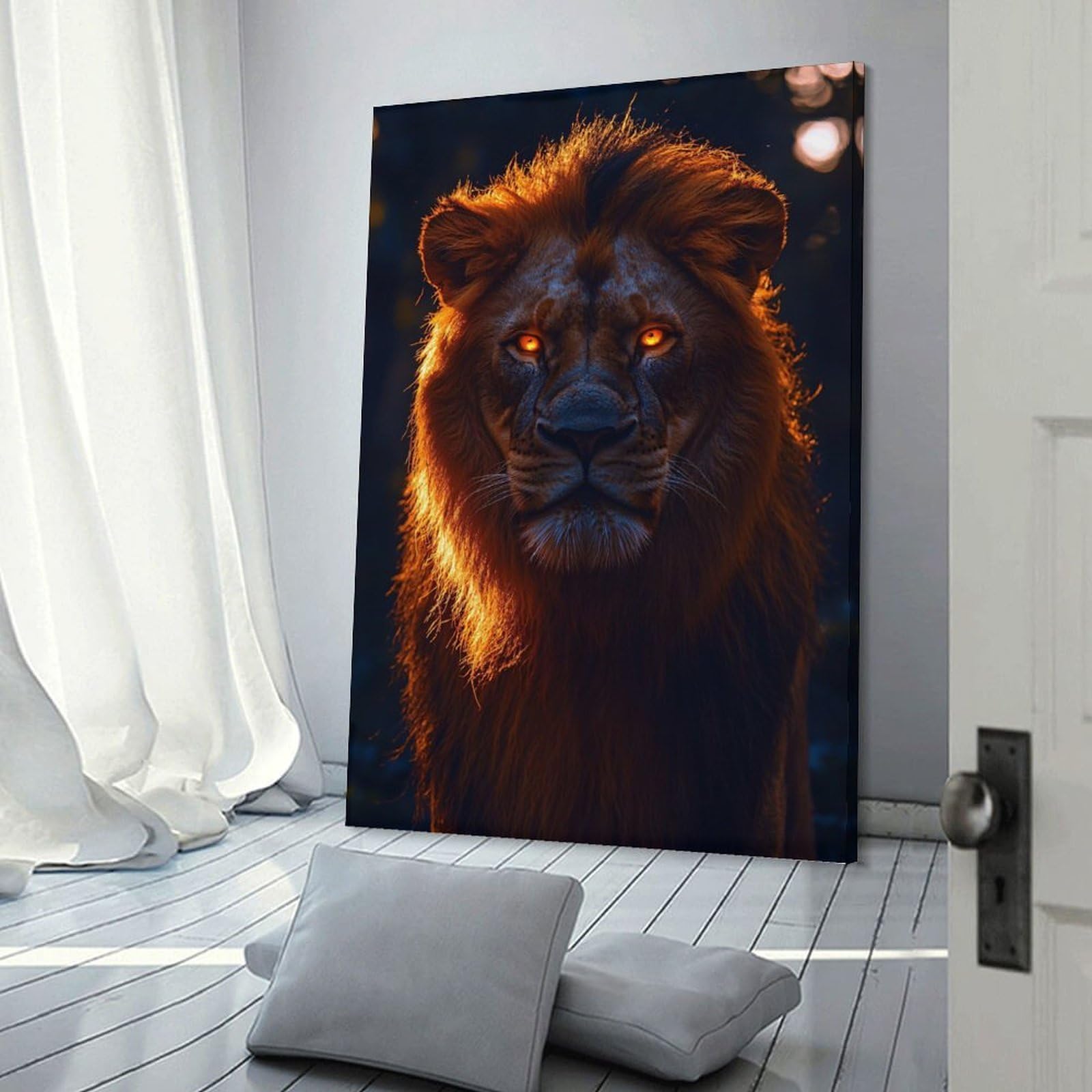 Junmoney Lion with Glowing Eyes Portrait Hanging Wall Art, 16x24inch(40x60cm), for New Homes, Bedrooms Or Workspaces, Thoughtful Wall Decor for Art Lovers