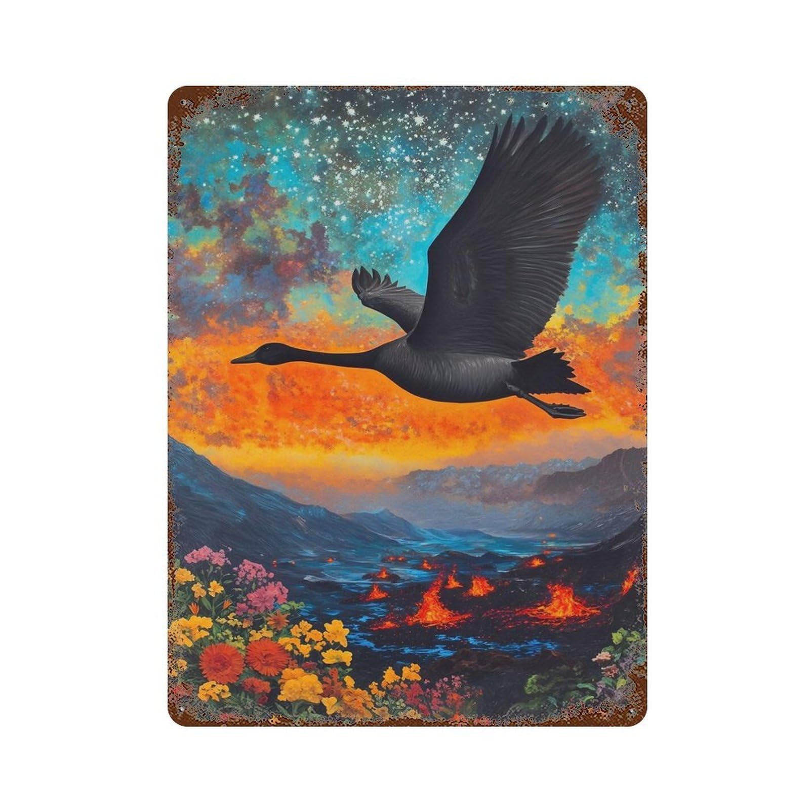 Distressed Metal Wall Sign Black Swan Flying Over Volcanic Landscape 15.7"x11.8", Vintage Wall Decor for Garage, Bar And Workshop Decor