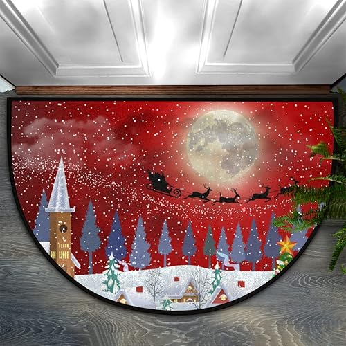 Miniatura 2 de cfpolar Tapete semicircular de Navidad, tapete semicírculo rojo con alce, antideslizante, suave para exteriores, resistente al desgaste, tapete de