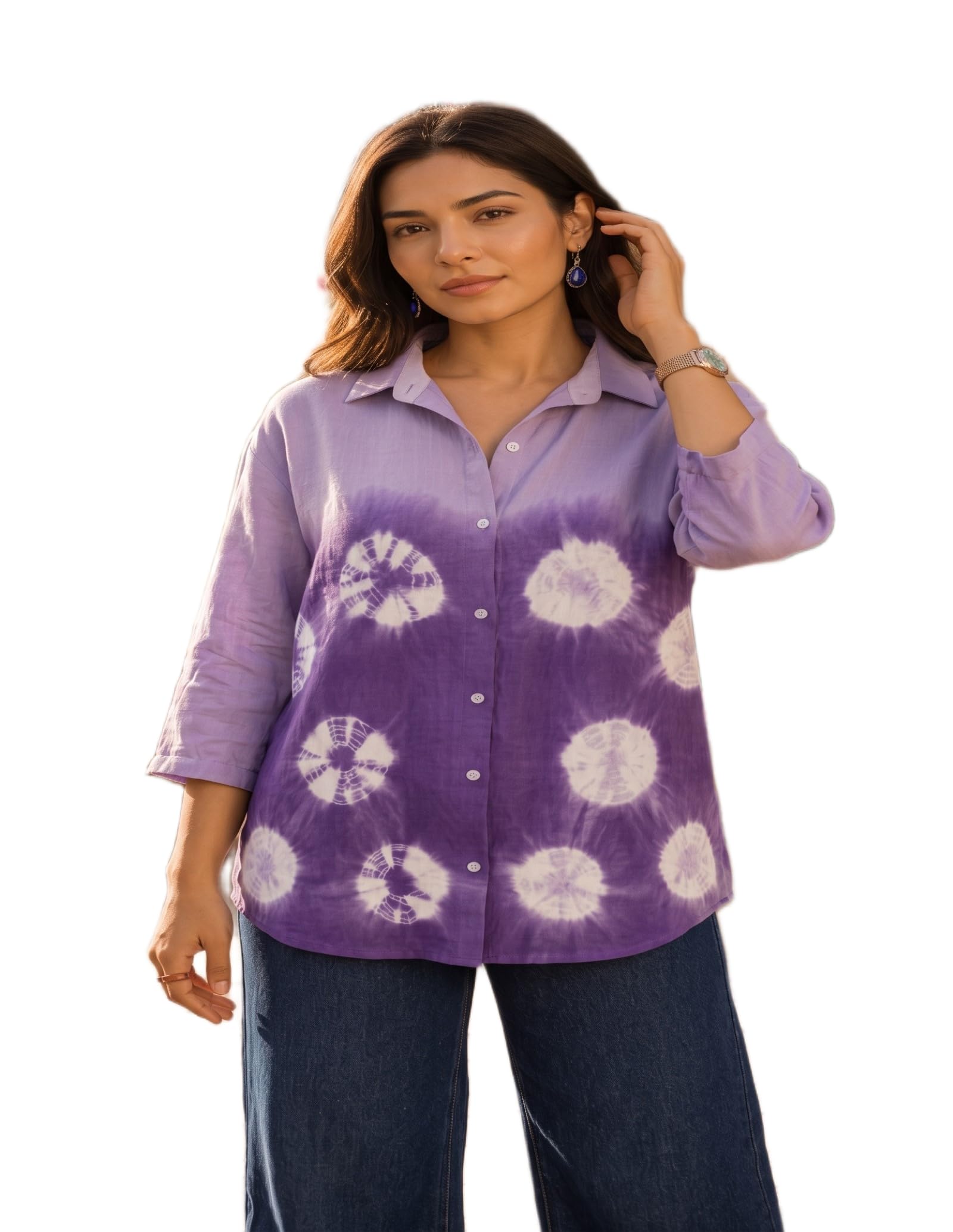 maykr Women's Lavender Tie Dye Shirt – Plus Size Relaxed Fit Shirt 3/4 Sleeve Casual Top-picture-39