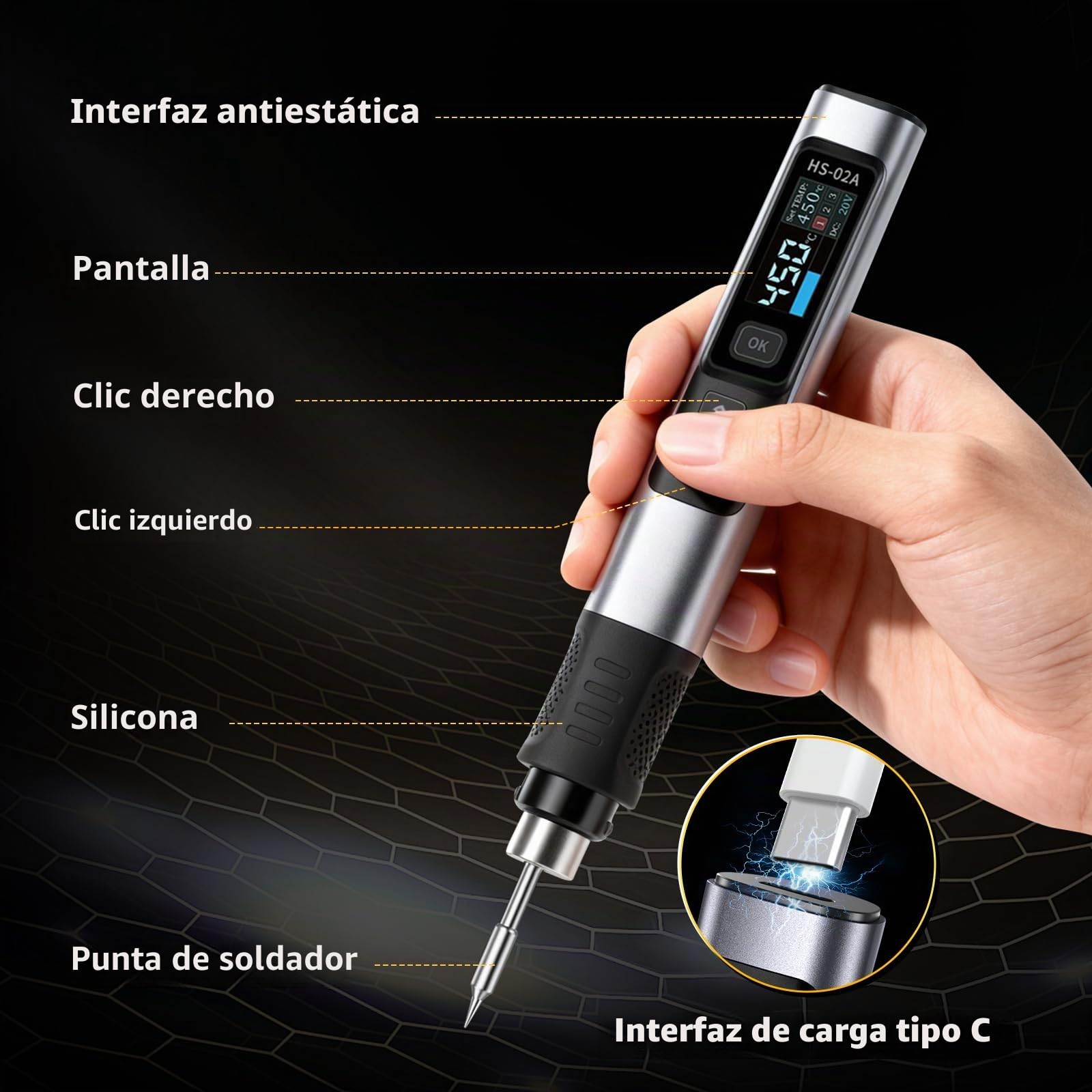 HS-02A Kit de soldador portátil con cable de 100W, soldador controlado por temperatura, calentamiento rápido 3S, 100-450 °C, temperatura preestablecida de 3 grupos, 6 puntas de soldadura para