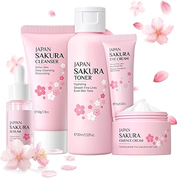Skin Care Sets & Kits, Cherry Blossom Skin Care for Teenage Girls, Skincare Gift Set with Cleanser, Toner, Serum, Essence Cream,Eye Cream, Skin Essentials Travel Kit All Skin Types