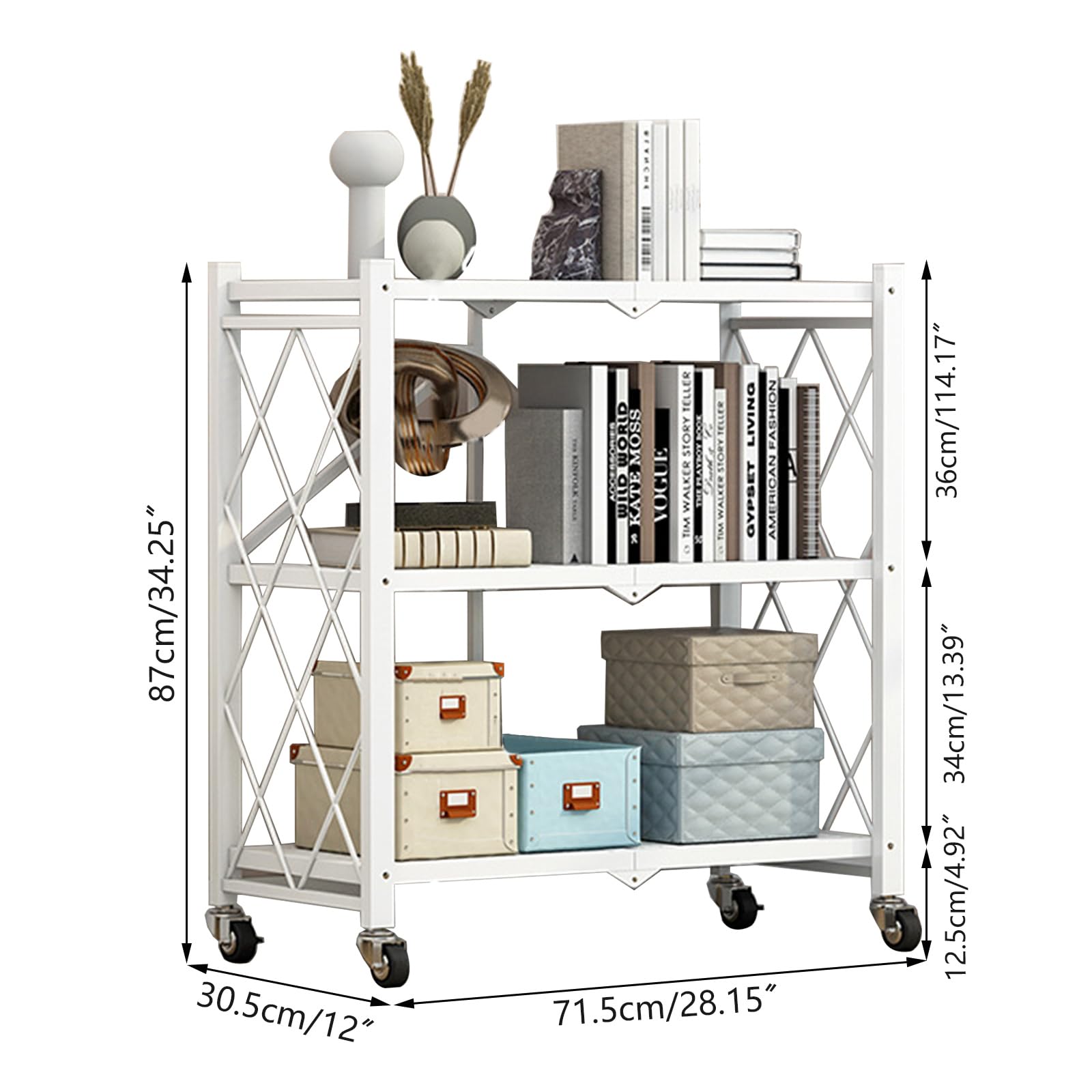 Carrito de Servir Plegable, Estante Con Ruedas Para Cocina y Microondas, Baño Con 3 Niveles, Multiusos Para Oficina, Metal (Blanco)