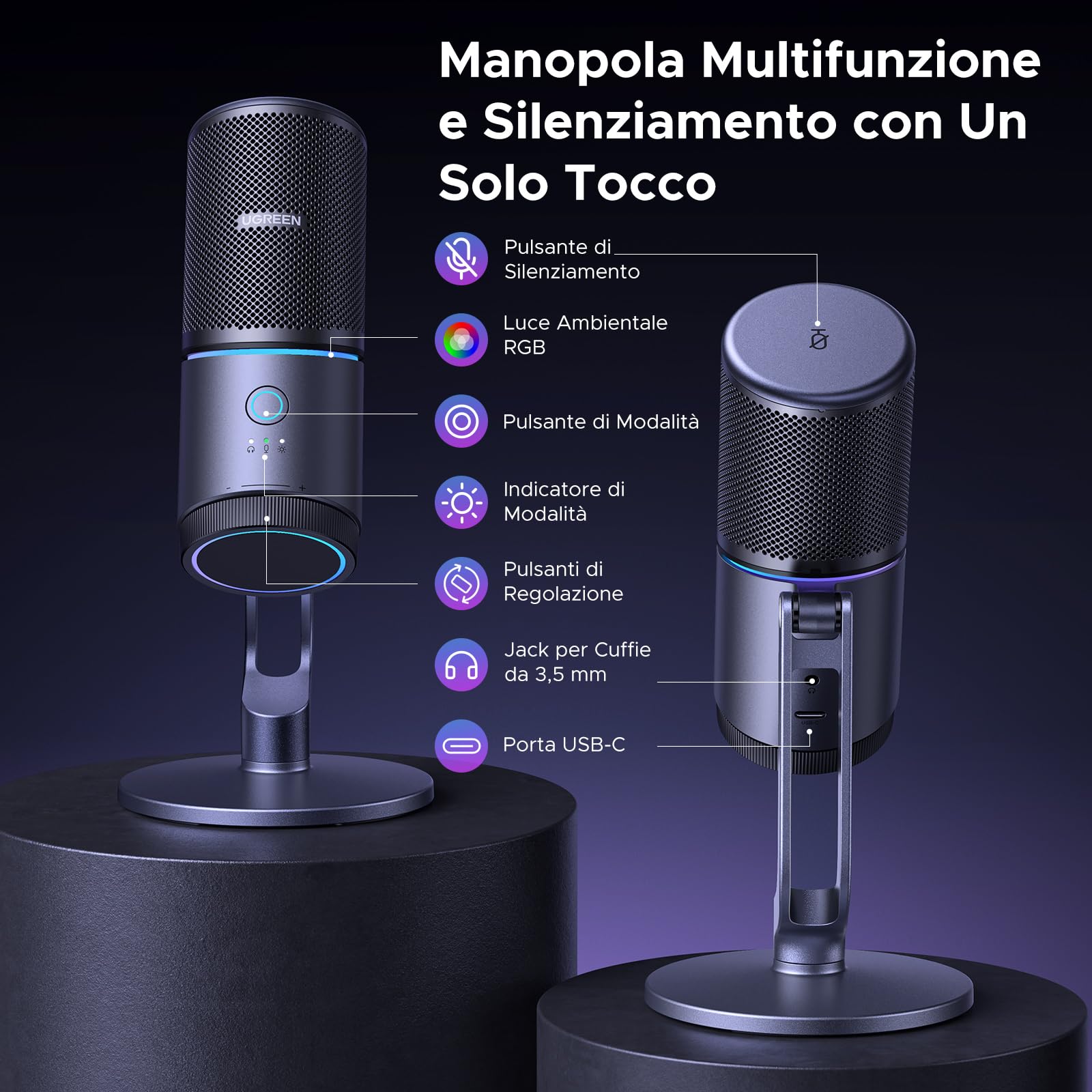 UGREEN Microfono a Condensatore USB 24bit/96kHz Compatibile con PC PS5 per Gioco Streaming Podcast Youtube Registrazione