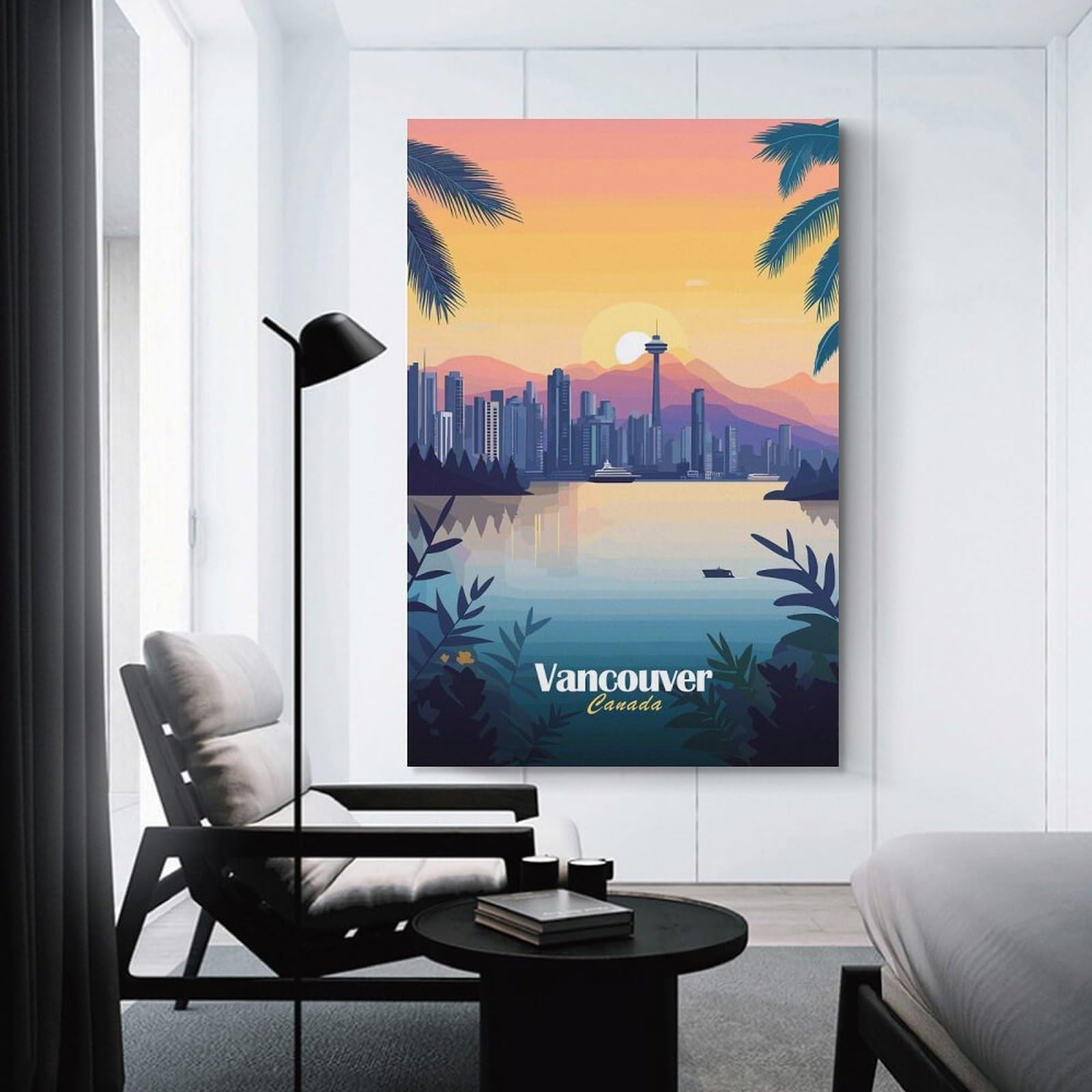 Junmoney Unframe-Style-8 Canvas Wall Art Vancouver Skyline Sunset, 24X36inch(60X90cm), For Bedroom, Lounge Or Dressing Area, Canvas Wall Decor For Personal Spaces