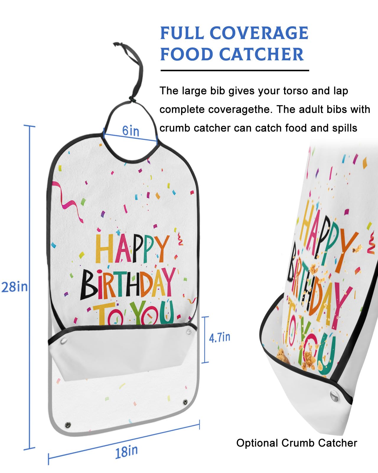 Kewadony Adult Bibs for Elderly Women - Happy Birthday to You Waterproof Dining Clothing Protectors with Crumb Catcher for Eating/Feeding, Colorful Celebration Terry Cloth Bib Machine Washable