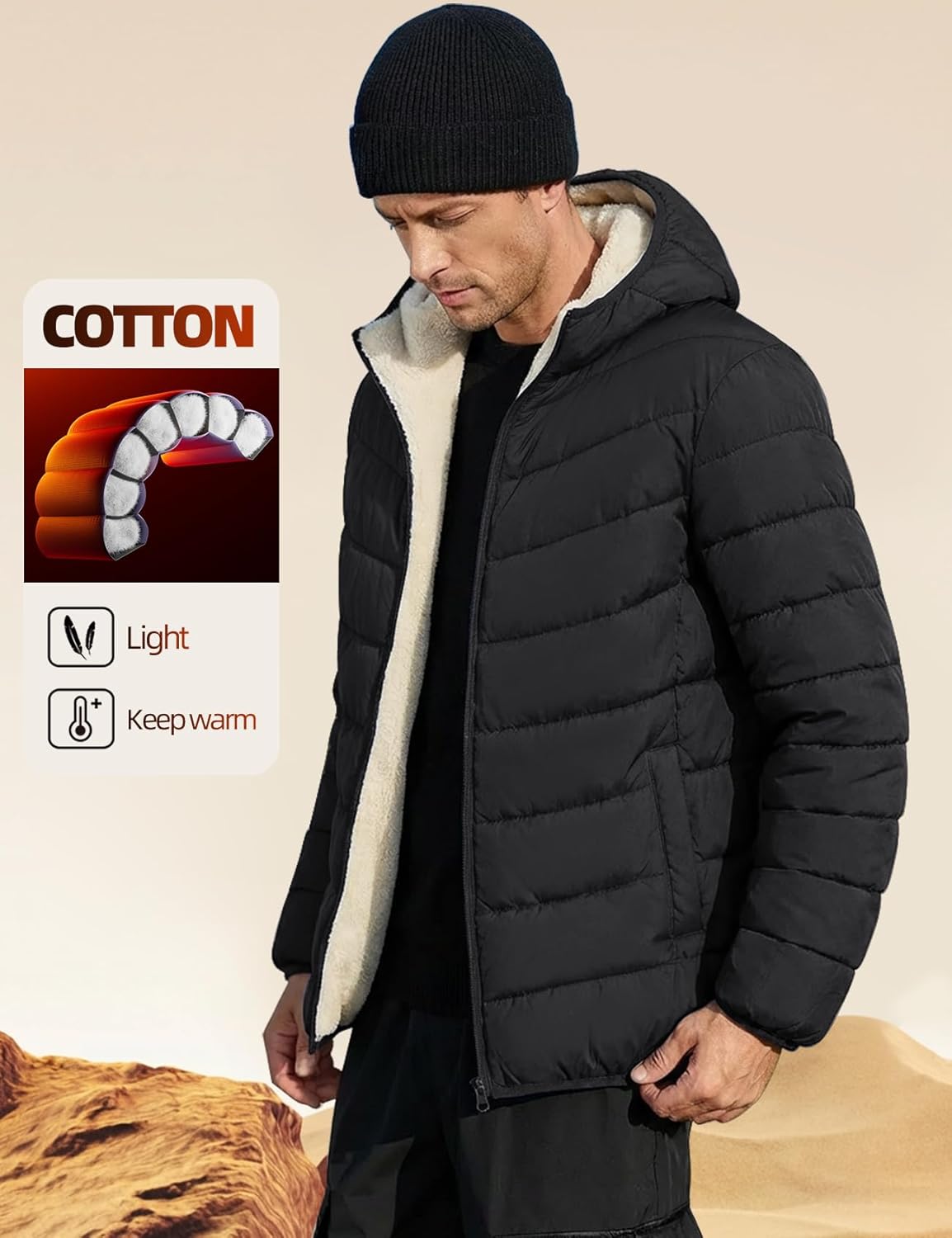 Gihuo Men's Winter Puffer Jacket Sherpa Lined Hooded Quilted Jacket