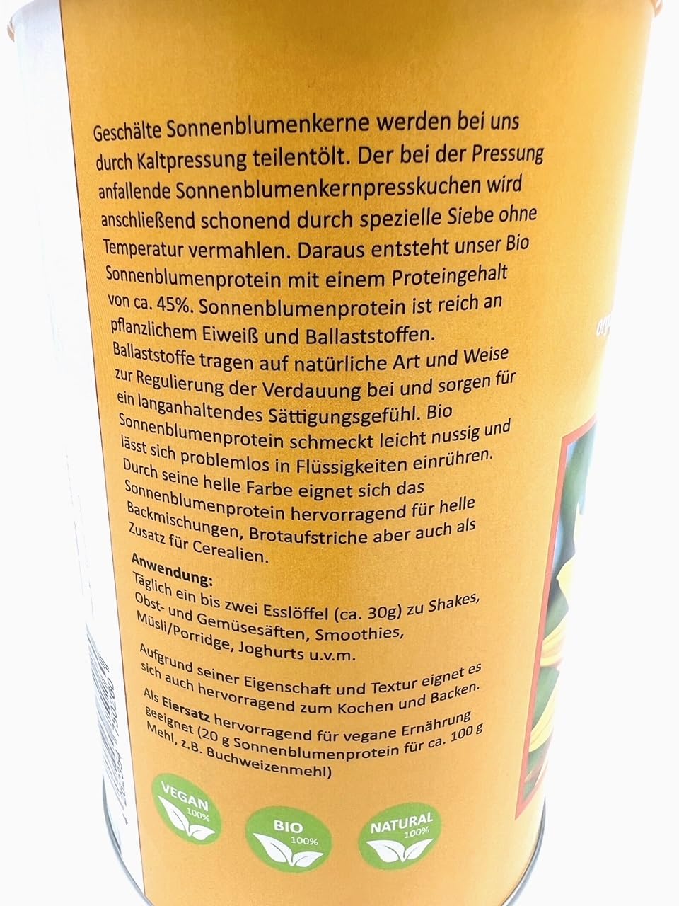 Poudre de protéines de tournesol bio - 500 g - 100 % pure protéine de tournesol d'Allemagne/Haute-Bavière - Sans additifs - Source de protéines végétaliennes