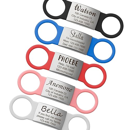 Anavia Slide On Silent Pet ID Tags Cat Dog Name Tags, Multi-Color Silicone Band Personalized Engraved Stainless Steel Tag, Customized Chew-Proof