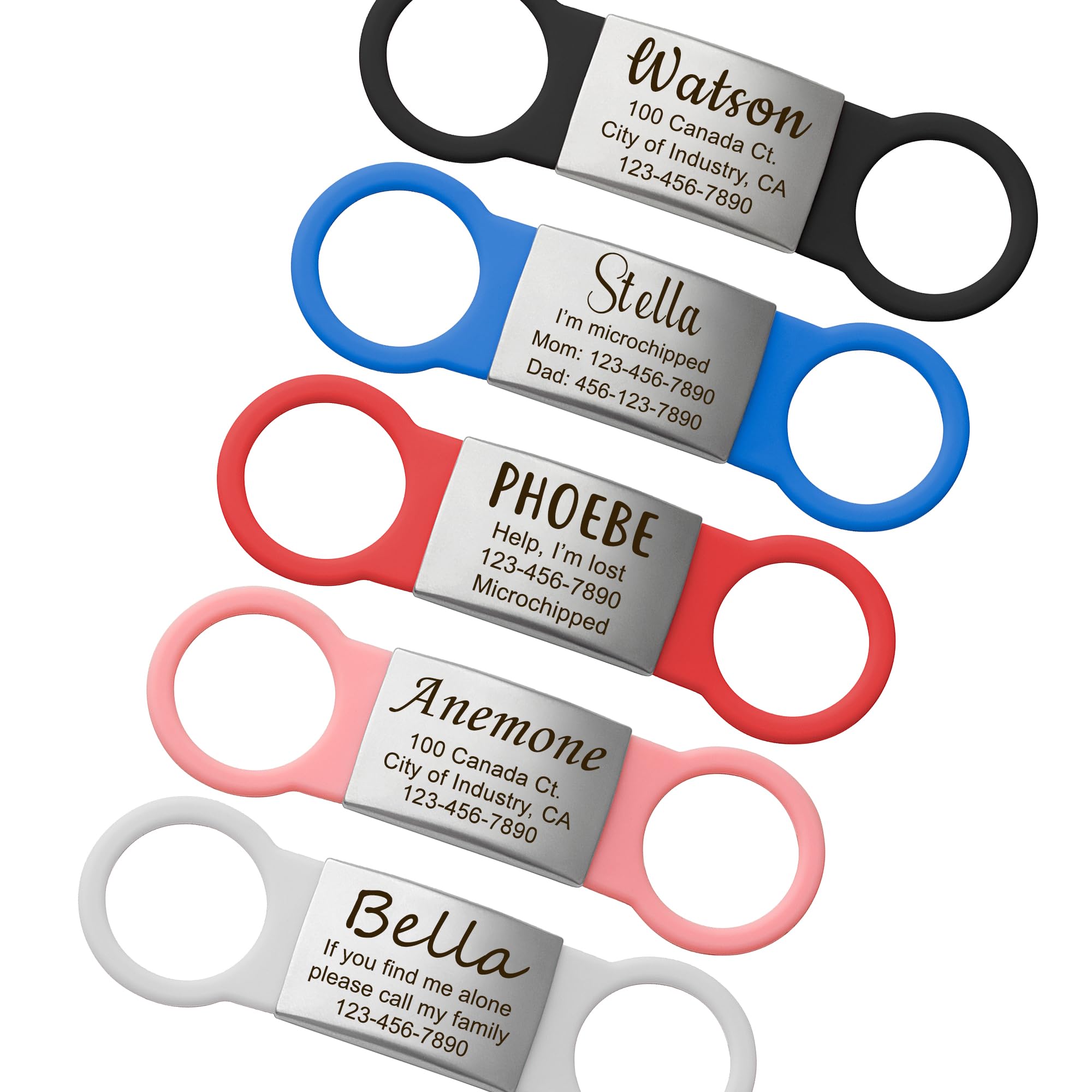 Anavia Slide On Silent Pet ID Tags Cat Dog Name Tags, Multi-Color Silicone Band Personalized Engraved Stainless Steel Tag, Customized Chew-Proof Quiet Dog Collar Tags (Small, Pink)