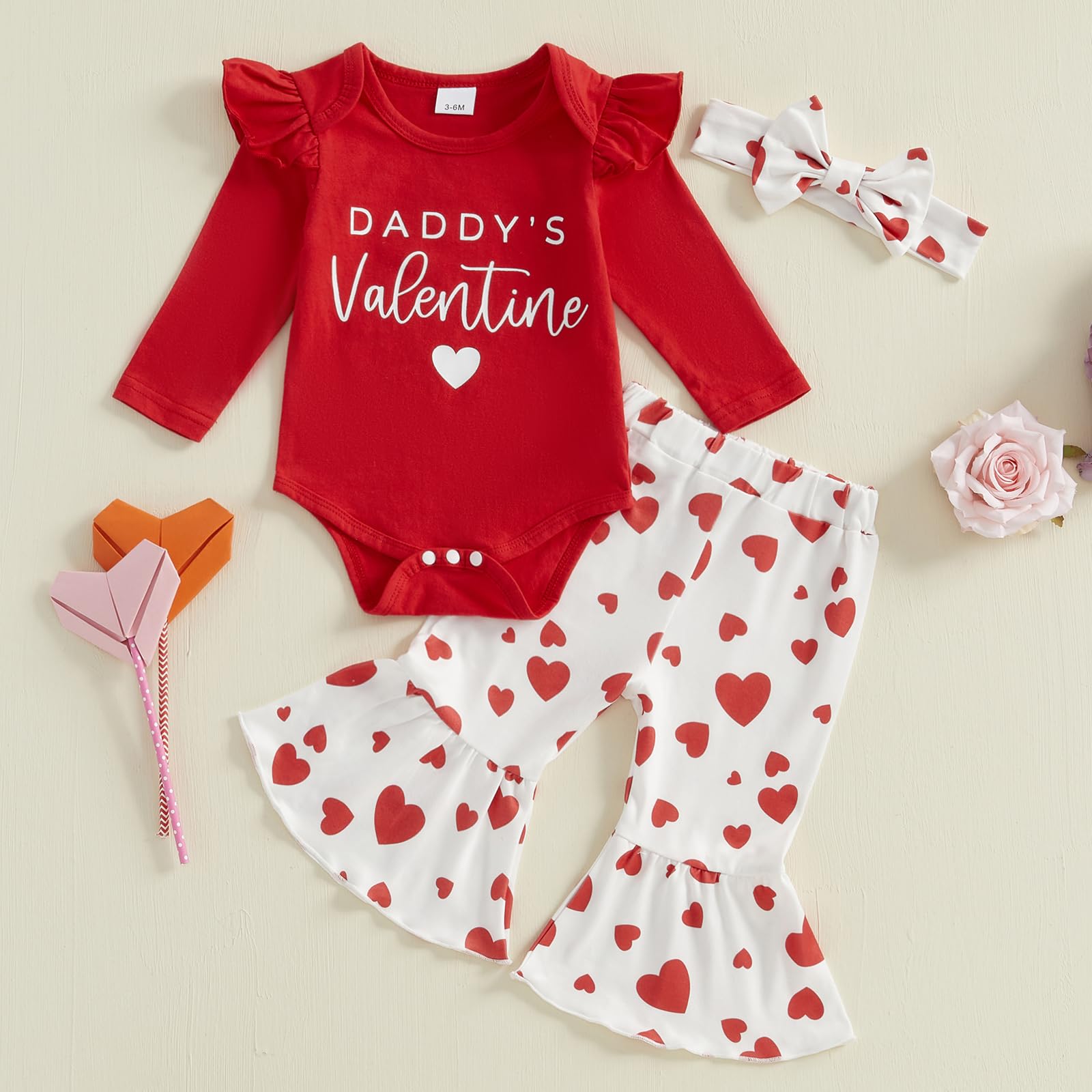 KtwHarnu Newborn Baby Girl Valentines Outfit Daddy's Valentine Long Sleeve Romper Heart Flare Pants Headband 3 Piece Set (A-Red, 6-12 Months)