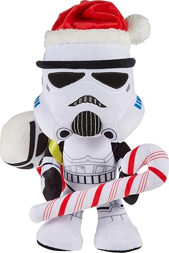 Mattel Muñeco y adorno de Star Wars Stormtrooper, juguete suave de 10 pulgadas con gorra de Santa, bastón de caramelo y saco que almacena la