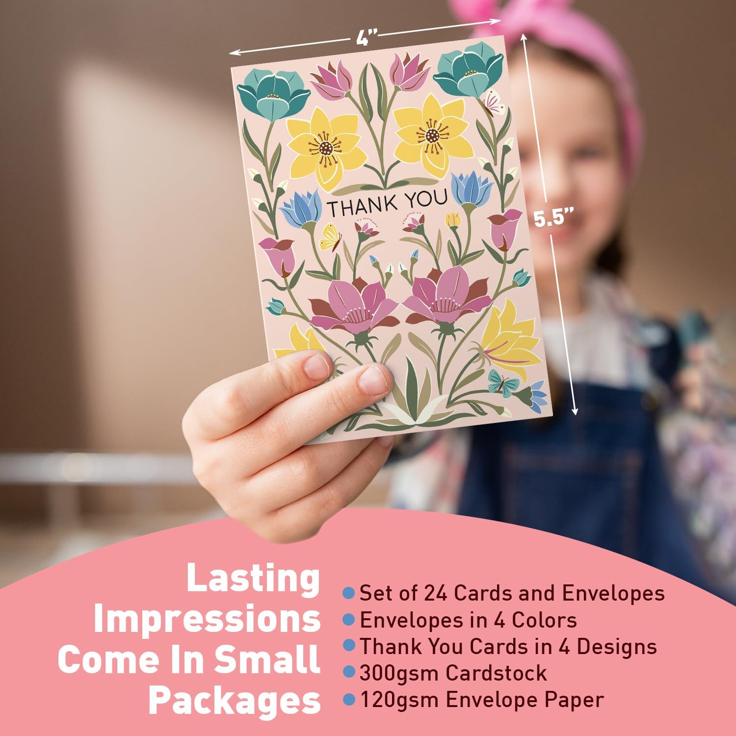 S&O Dust & Bloom Thank You Cards with Envelopes - Blank Greeting Card for Handwritten Messages - 4x5.5" Thank You Notes Set of 24 - Assorted Thank You Cards with Color Envelopes to Mix & Match - Image 2