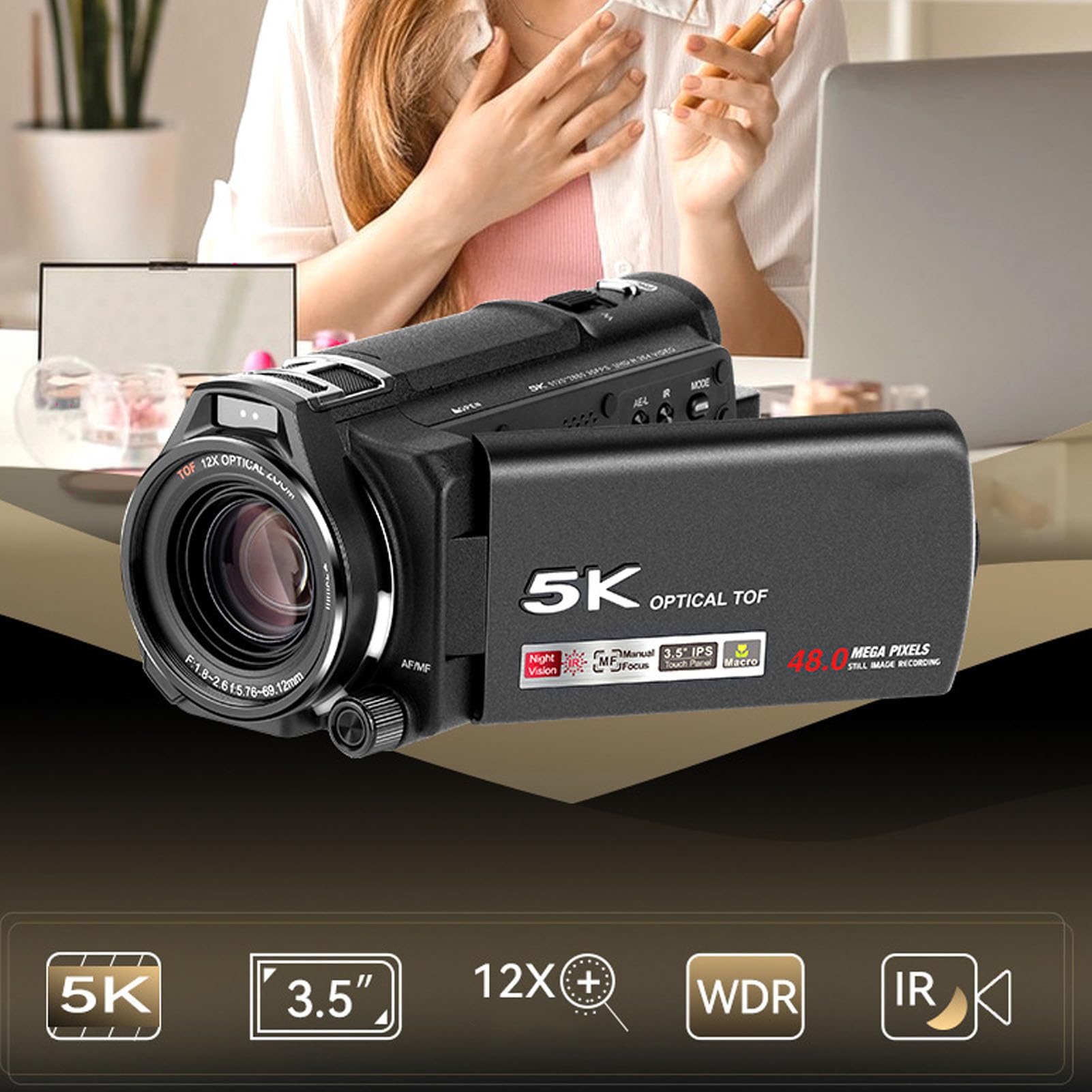 Bewinner Videocamera 5K 30FPS, Videocamera 4K 60FPS, Fotocamera per con Zoom Ottico 12X - Touchscreen Ruotabile da 3,5 Pollici, Controllo AF MF, Zoom Ibrido 40X, WDR, Antishake