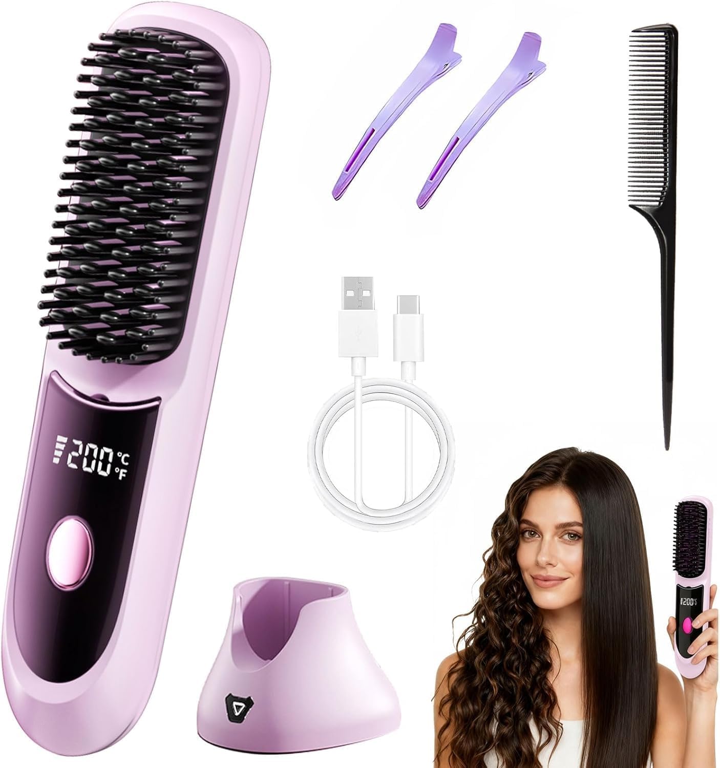 Cefryna Stylingbürste, Stylingbürste Für Kurze Haare, 3 Temperaturstufen, Tragbar & Wiederaufladbar Styling Bürste Für Reisen Und Täglichen Gebrauch (D)