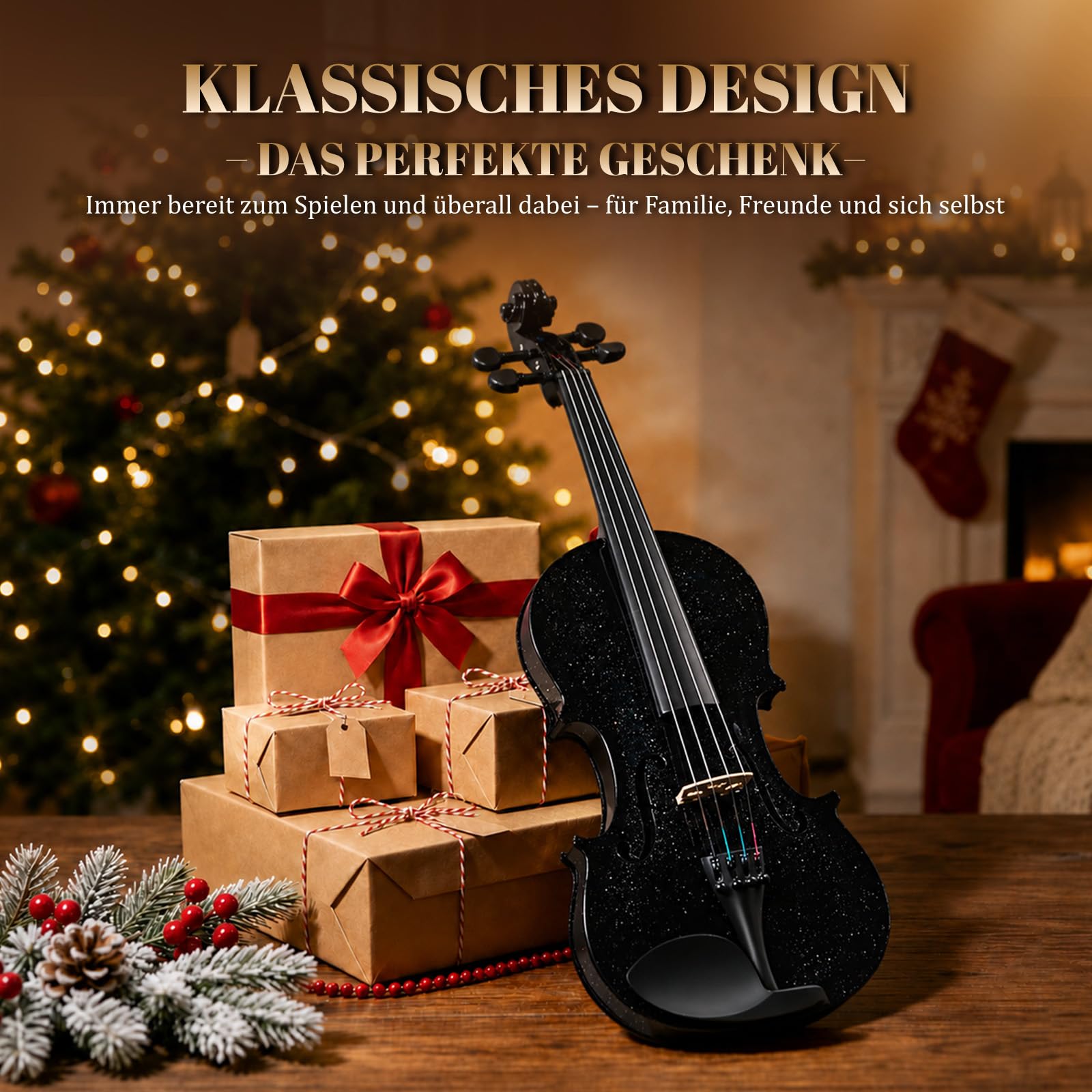 Bonnlo Violine Set 4/4, Violin Vollgröße aus Lindenholz für Anfänger, Geige mit Hartschalenkoffer, Bogen, Kolophonium, Ersatzsaiten & Schulterstütze, ideal für Erwachsene & Kinder, Schwarz