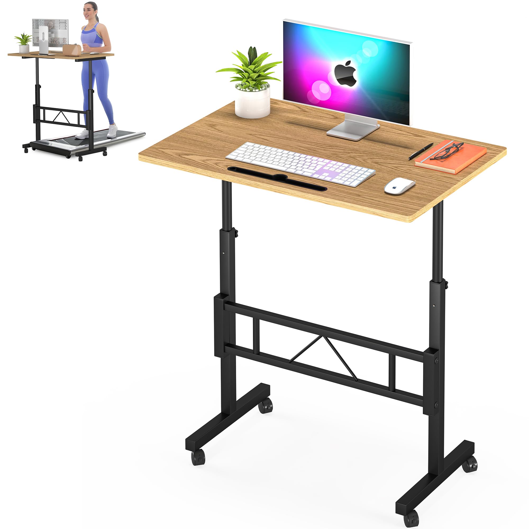 Klvied Small Standing Desk Adjustable Height, Rolling Desk for Sitting and Standing, Mobile Stand Up Desk with Wheels, Portable Laptop Table, Standing Computer Desk for Walking Pad,Oak