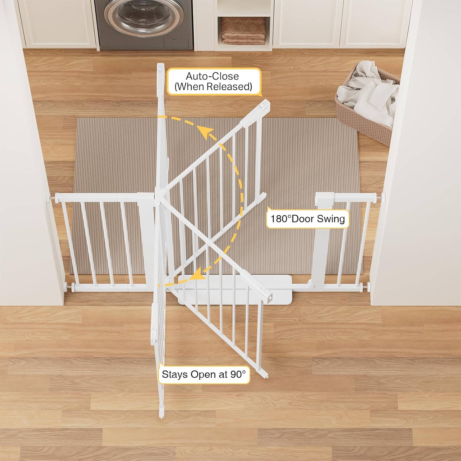 Cumbor 29.7-48 Baby Gate for Stairs, Mom's Choice Awards Winner-Dog Gates for Doorways, Auto Close Safety Pet Gate for Dogs Indoor, Easy Install Pressure Mounted Child Gate with Walk Thru Door, White