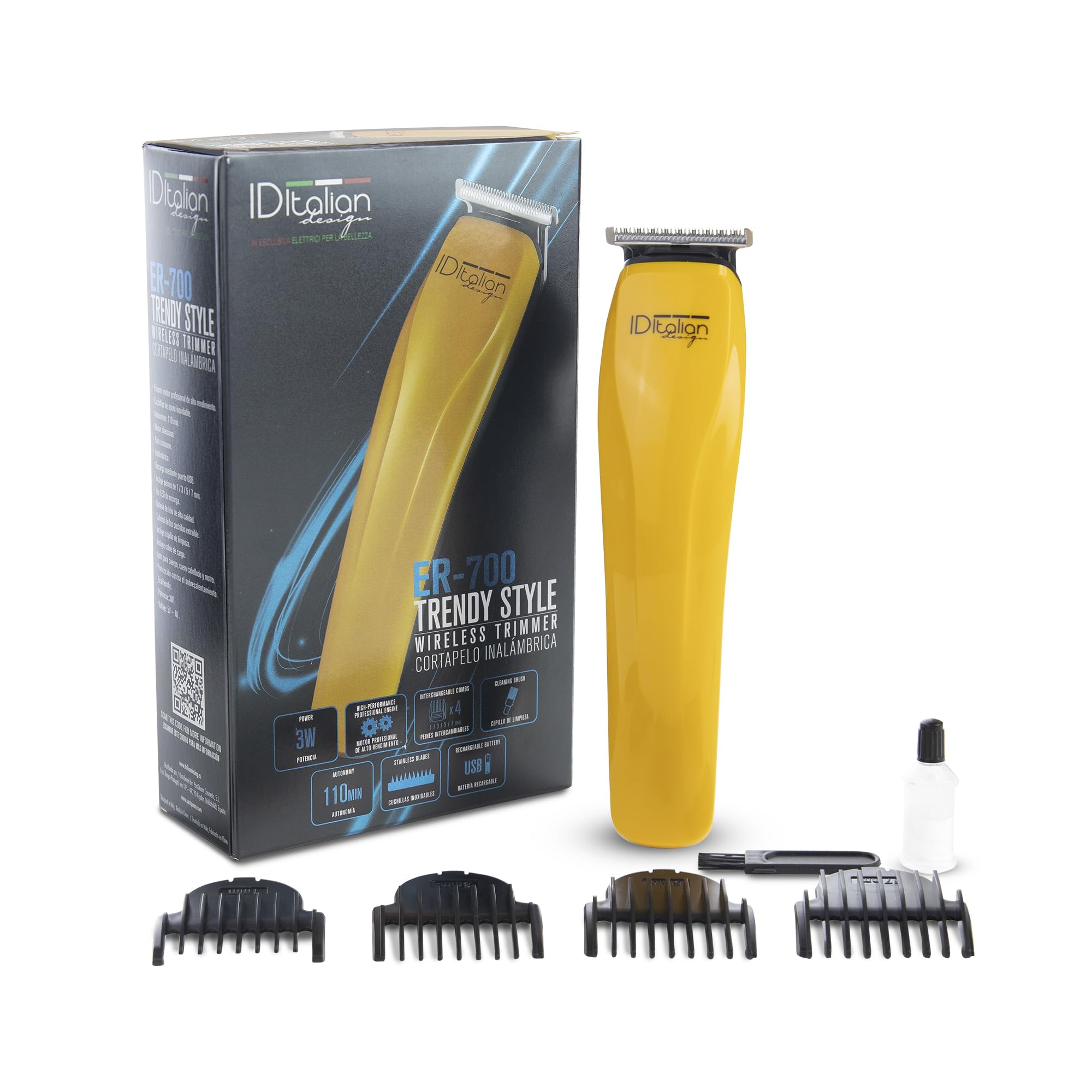 Italian Design - Cortapelos Profesional para hombre - Corte Preciso en Cabello y Barba - Inalámbrico con Batería Recargable 60 Min - Peines Ajustables - Motor Silencioso - Cuchillas Acero
