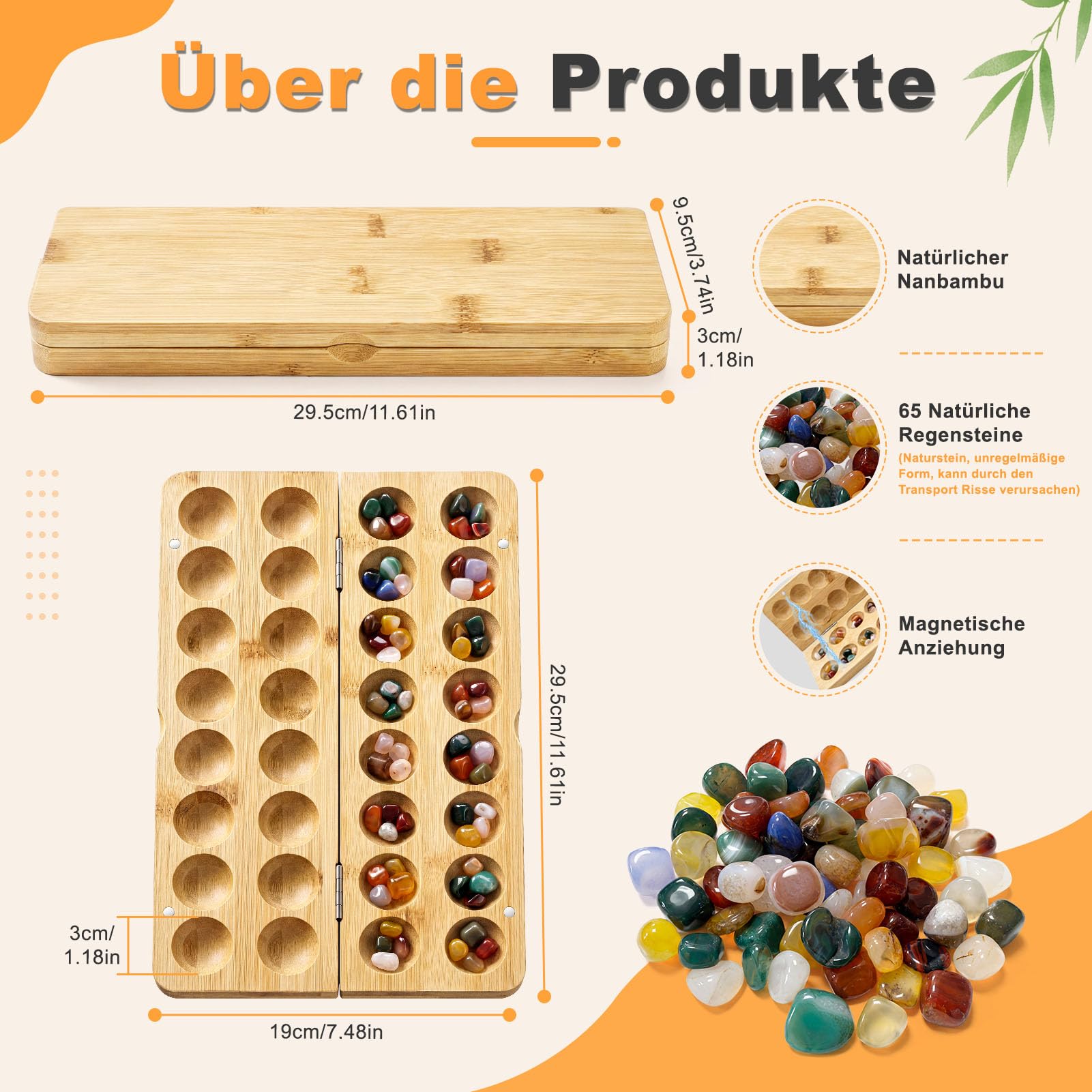 Steinchenspiel Holz mit Steinen, Klappbares Holzbrett, Edelsteinen Strategiespiele, Zweispieler Steinspiel für Familie Party Schule Reise, 65 Juwelen