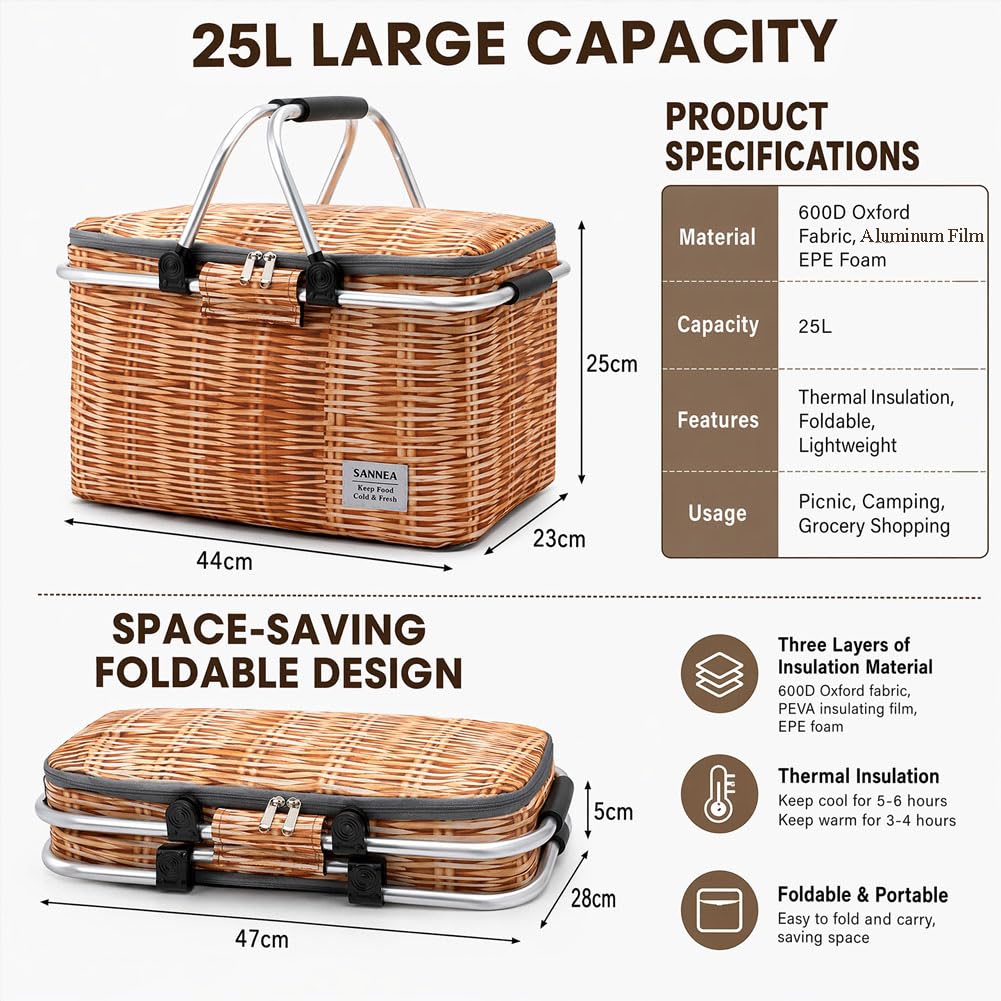 Cestino da picnic con soleggiamento, cestino in vimini, pieghevole, 25 l, borsa termica termica, cestino refrigerante, pieghevole, per il pranzo, per viaggi, picnic