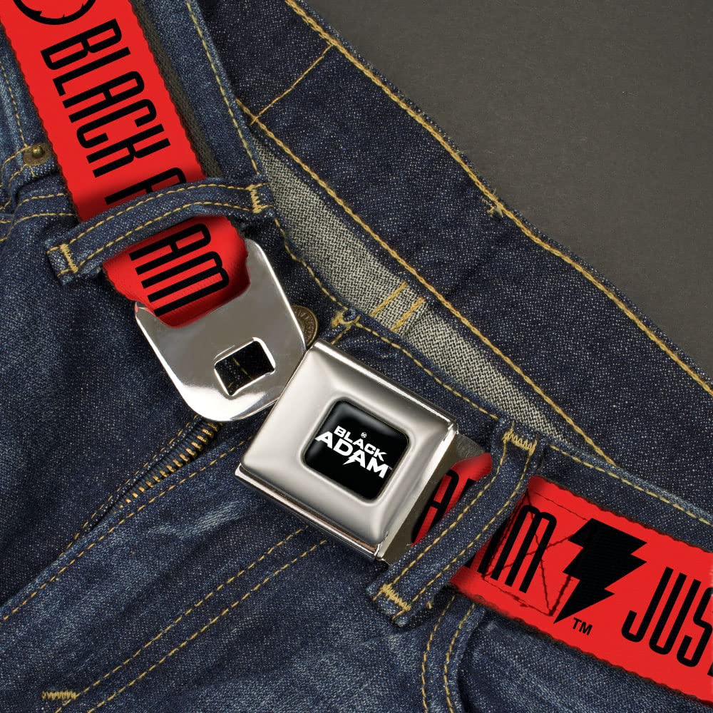 DC Comics Belt, Seatbelt Buckle Belt, Black Adam Justice Society Icons and Text Red Black, 32 to 52 Inches