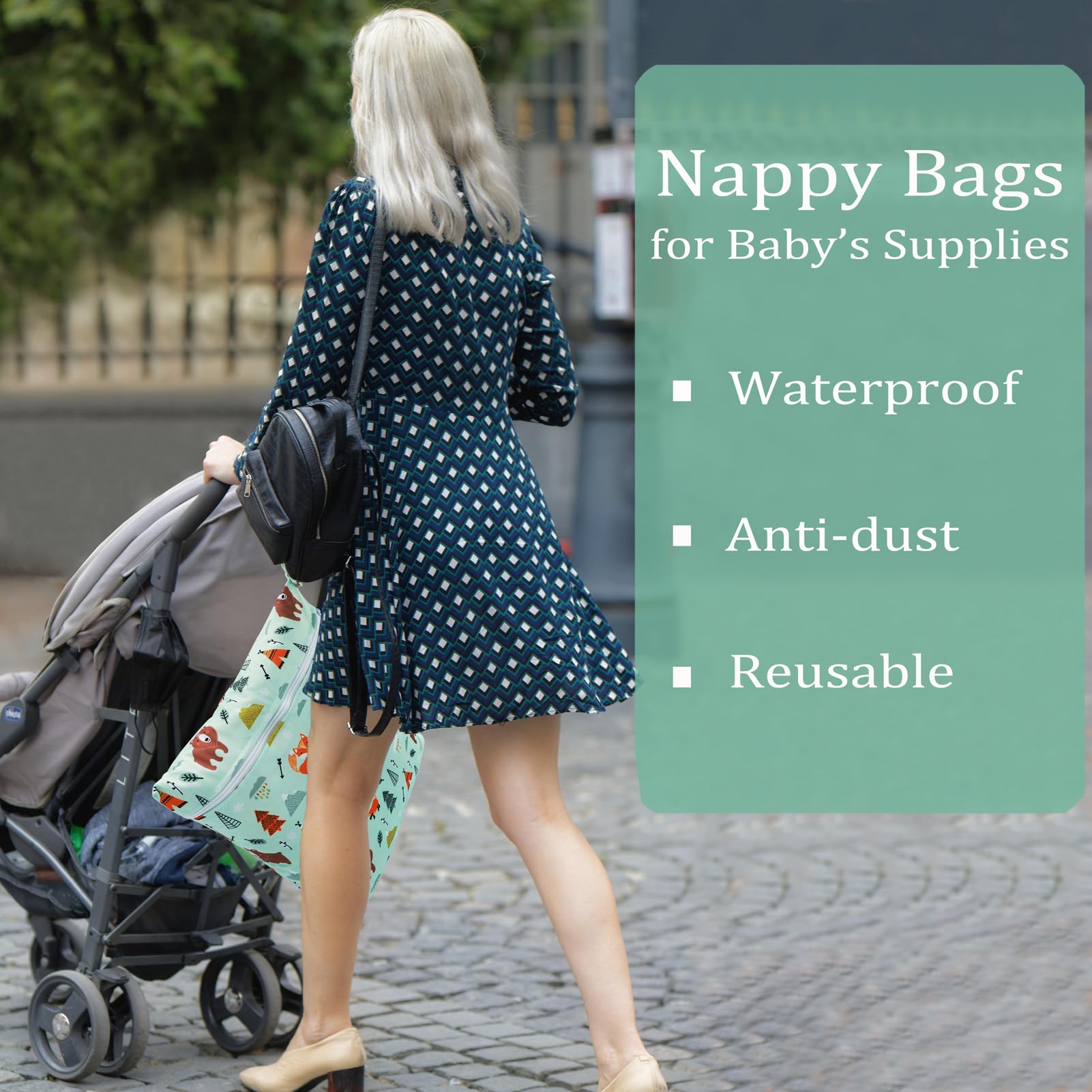 Bolsas Pañales Impermeables, 3 PCS Bolsa Muda Bebe, Wetbag Portátil para Mamá, Organizador de Colgar de Maquillaje Viaje Playa Piscina, Wet Bag de Tela Reutilizable Lavable (Oso Verde)