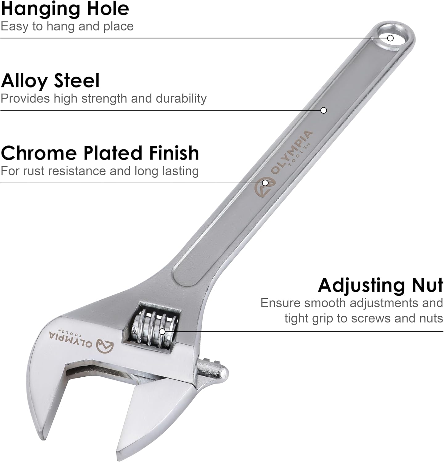 Olympia Tools 24" Adjustable Wrench, Heavy Duty Drop Forged Steel, Chrome Plated, Precision Machined Jaws, Rust Resistant