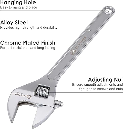 Vista 17 de Olympia Tools Llave ajustable de 15 pulgadas, acero forjado de alta resistencia, cromado, mandíbulas mecanizadas de precisión, resistente a