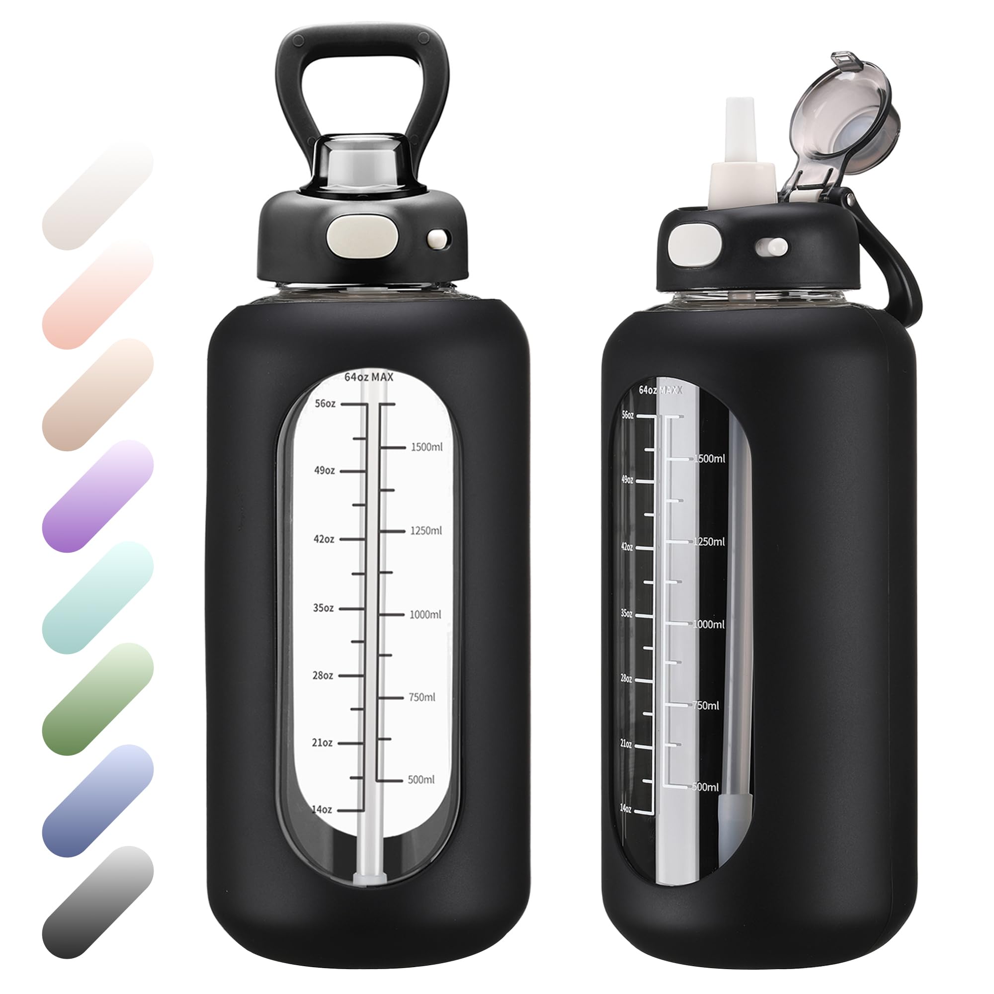 SIEROZUR 64 oz Borosilicate Glass Water Bottle with Straw, Motivational Sports Bottle, Durable Silicone Sleeve, Time Marker, for Gym, Sports, Workout,