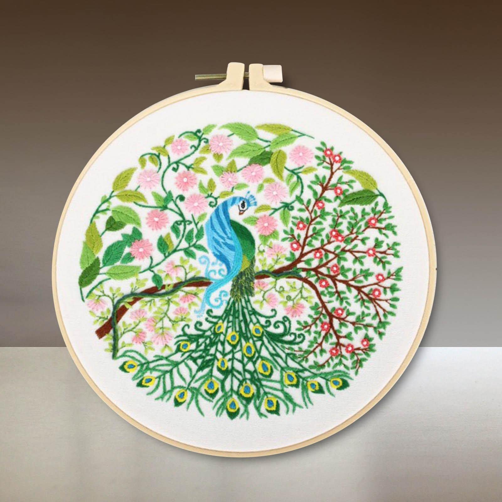 Segolike Flower Peacock Cross Stitch Kit For Beginners - Pre-Printed Embroidery Kit With Thread & Hoop