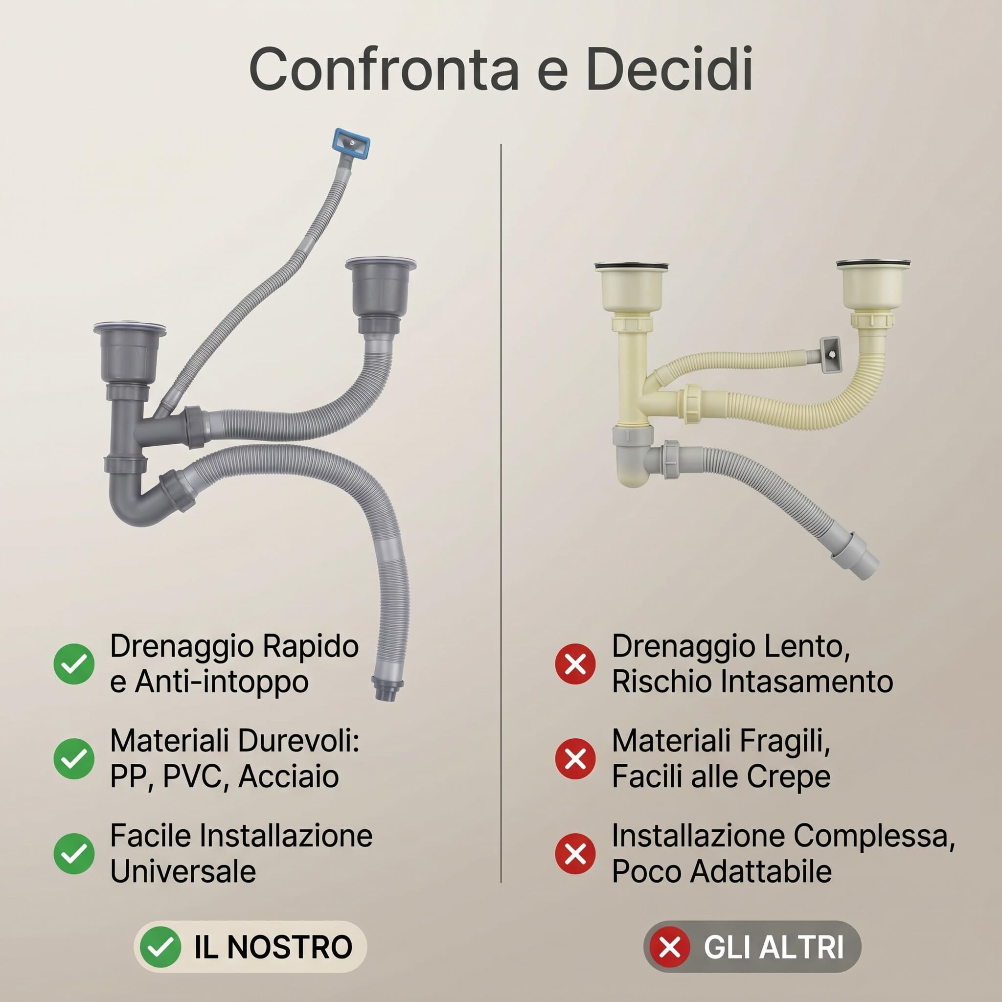 Ensemble de Vidange D'évier Double, Siphon Evier Cuisine Kit Tuyau D'Évier, Kit De Vidange Universel pour Évier pour la Salle de Bains à la Maison avec Anti-Odeur Débordement