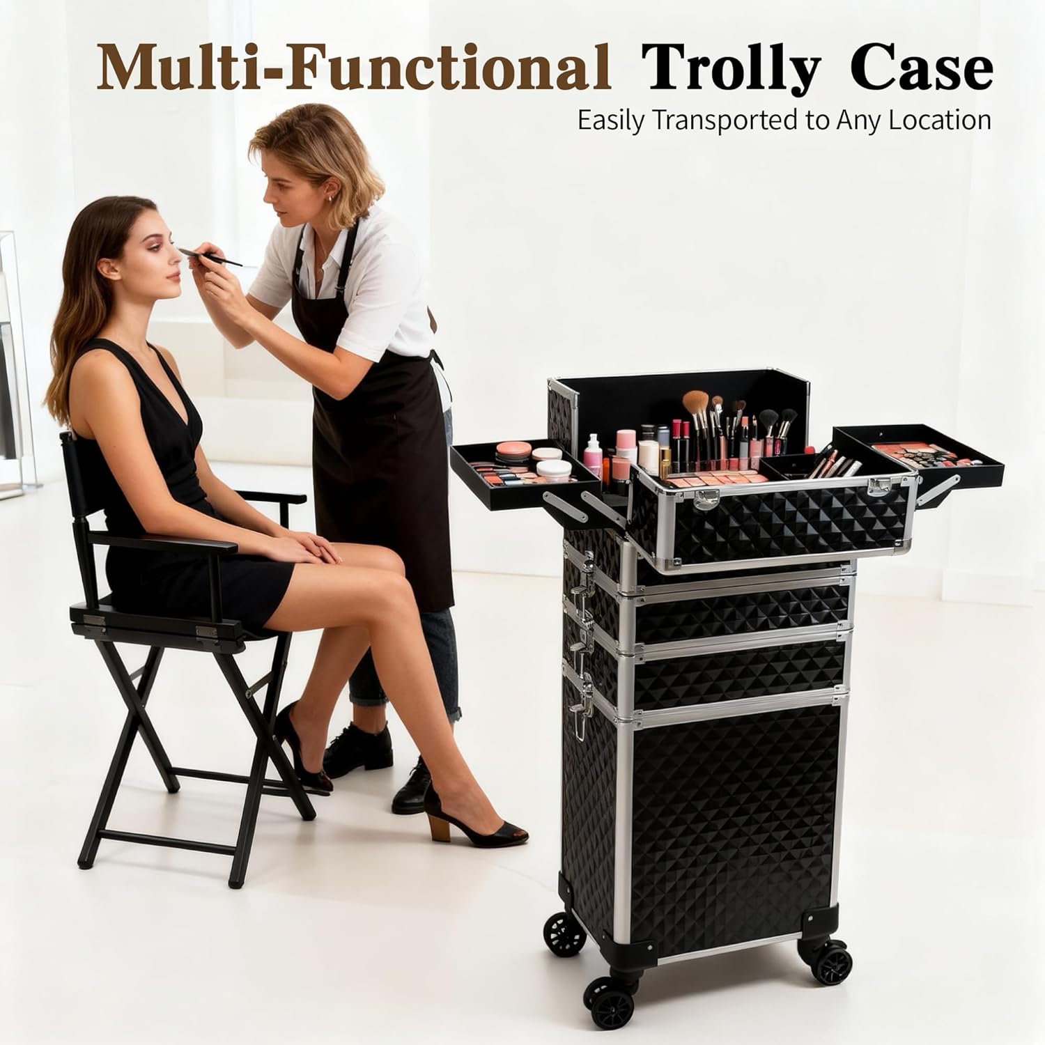 5 in 1 Rolling Makeup Train Case Professional Cosmetic Trolley Large Storage Organizer on Wheels for Hairstylist Artist Nail Beauty Salon Barber Black
