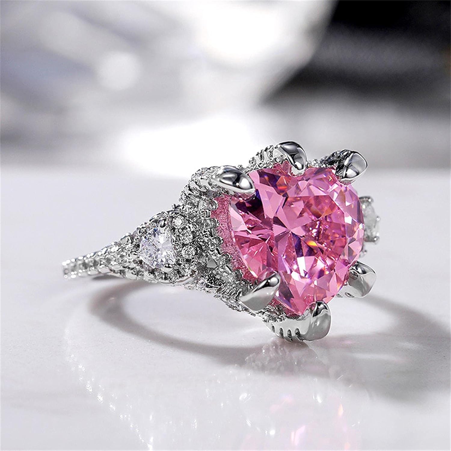 925 Sterling Silver Shiny Full Diamond Heart-Shaped Pink Gemstone Ring Cubic Zirconia Rings CZ Diamond Ring Eternity Engagement Wedding Band Ring for Women (US Code 9) - Image 3