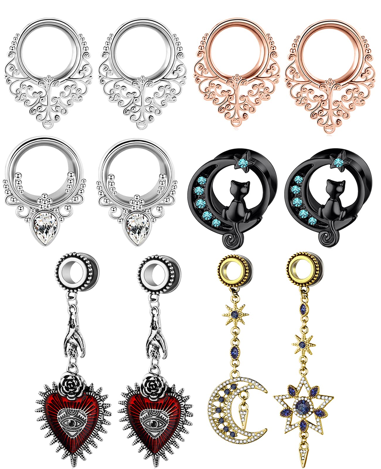 TIANCI FBYJS6 Pairs Fashion Dangle Gauges for Ears Double Flared Ear Tunnels Plugs Body Piercing Stretchers Earrings 2g 00g Women Men