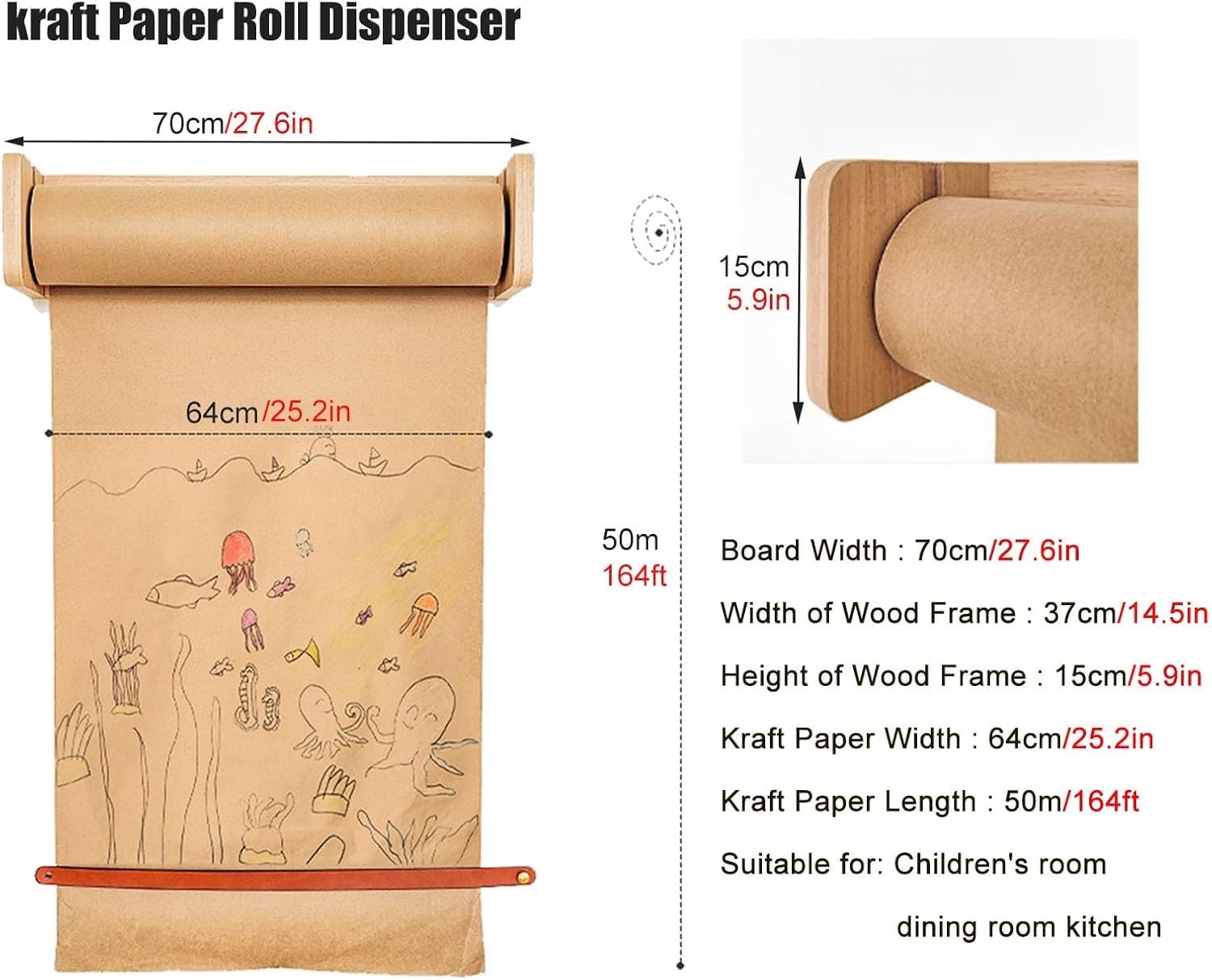 Drewniany uchwyt na rolki papieru pakowego z mechanizmem tnącym, idealny do kuchni, majsterkowania, biura, biura lub pokoju dziecięcego, łatwy do zawieszenia, np. szeroki, 70 cm