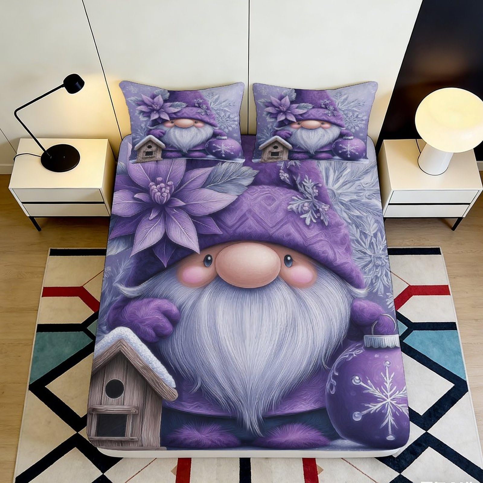3D Printed Purple Gnome Fitted Sheet Microfiber Soft Breathable Floral Bed Cover for Bedroom Dormitory Guest Room Mattress Protection 120x200x25cm