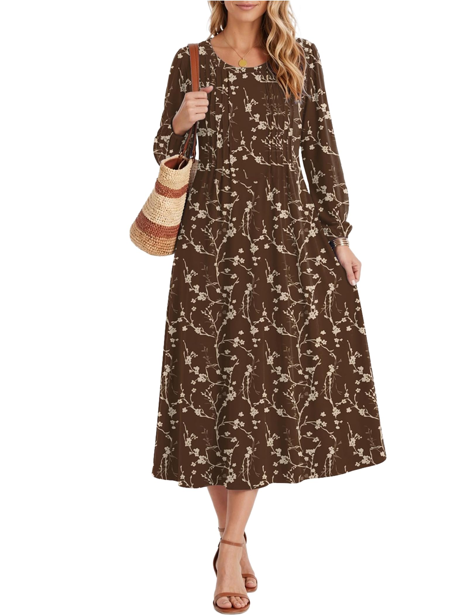 Zeagoo Fall Dresses for Women Long Sleeve Midi Dress Casual A Line Dresses 2026 Pleated Flare Dress with Pockets