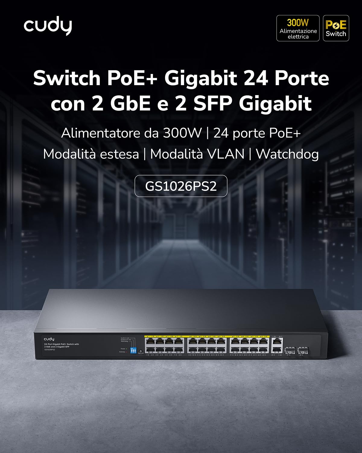 Cudy Switch PoE+ Gigabit 28 Porte 24+2+2SFP, 250W, VLAN, QoS, Metallo GS1026PS2