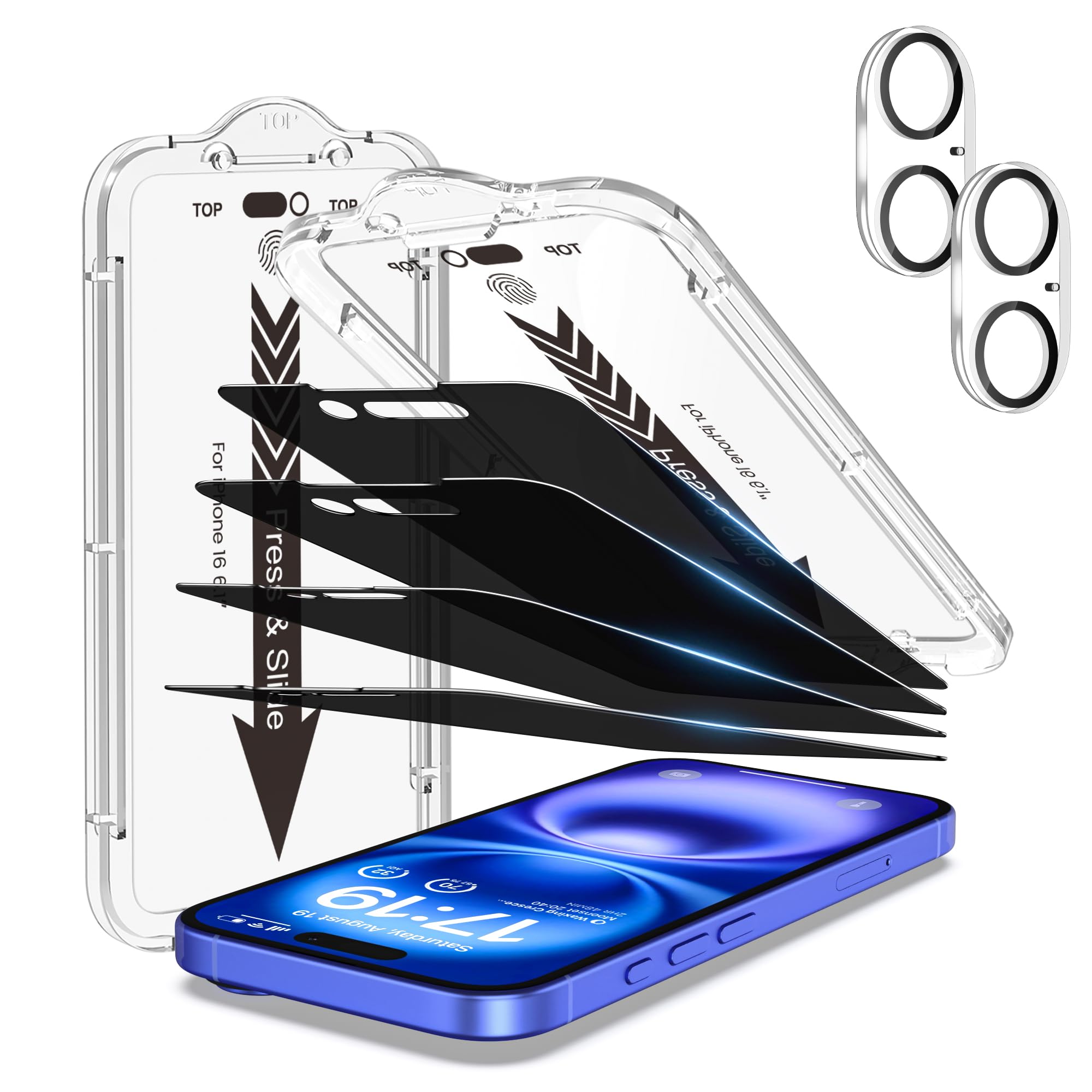 EZ-GLAZ- 4 Pack for iPhone 16 Privacy Screen Protector [6.1"] With 2 Pack Camera Lens Protector, 9H+ Hardness 12FT Military Grade Shatterproof Scratch