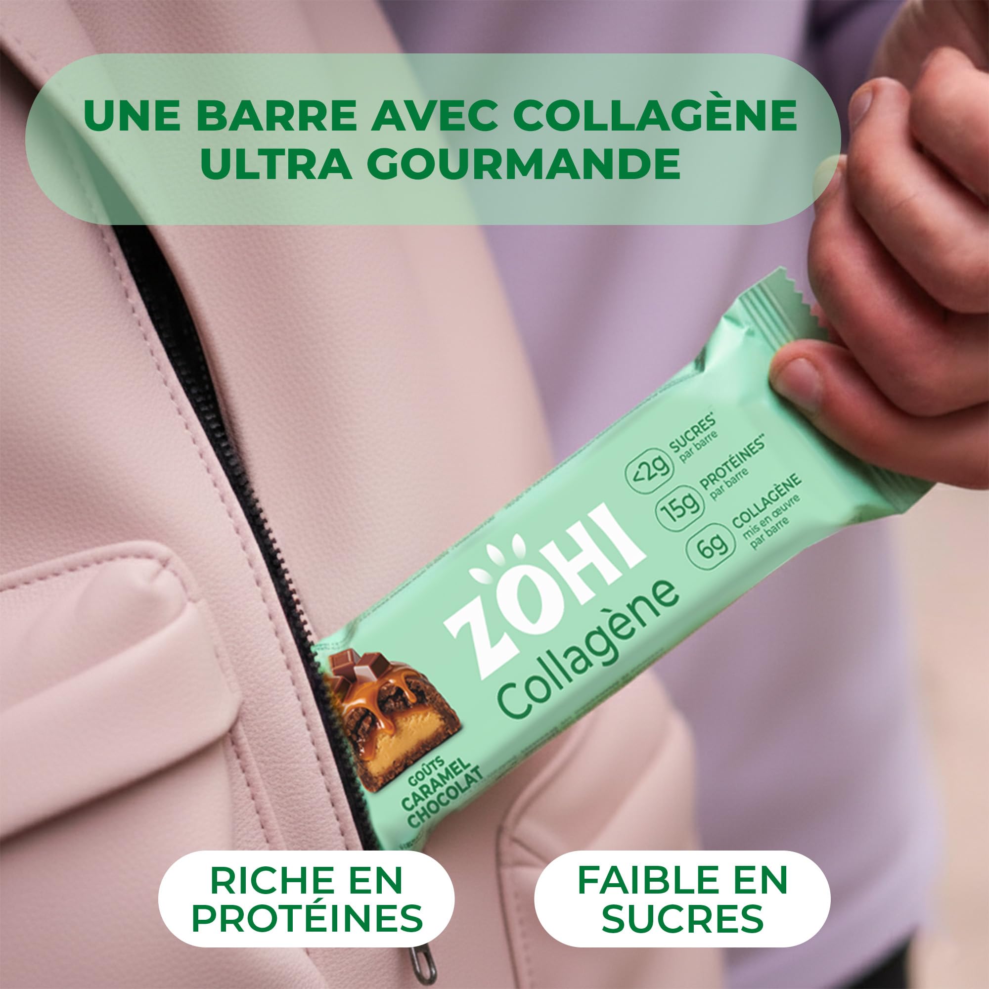 ZOHI - Barre avec Collagène saveur Chocolat et Caramel - Riche en Protéines et Moins de 2g de Sucres - Enrobée de Chocolat au Lait et Billettes Croustillantes - 50g (Pack de 12)