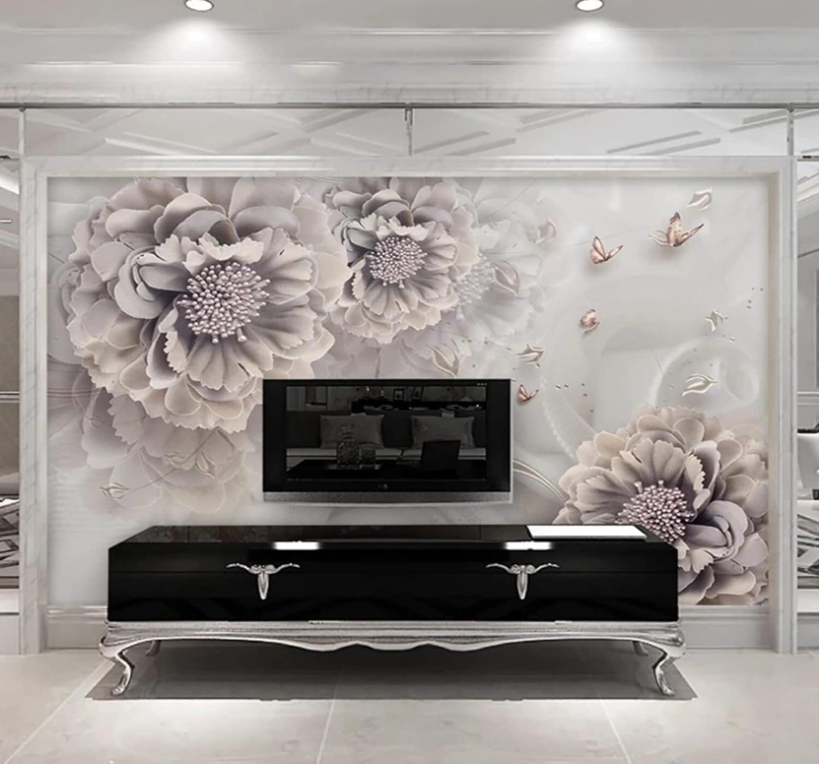 XLMING Exquisite Three Dimensional Minimalist Peony Butterfly 3D Wallpaper Luxury Silk Study Dining Feature Sofa Grey Bedroom Living Room Tv Decorative Wall-400cm×280cm