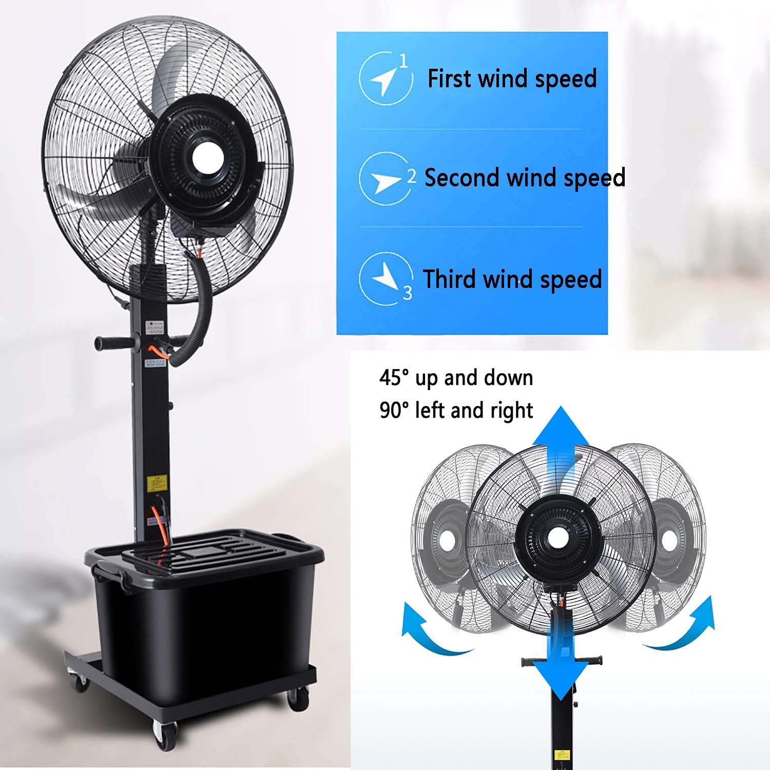 Ventilatore nebulizzatore da Esterno, Ventilatore a piantana oscillante con 3 velocità, Serbatoio da 42 Litri per Uso Industriale, 650 mm (26 Pollici), Ideale per Raffreddare e umidificare g