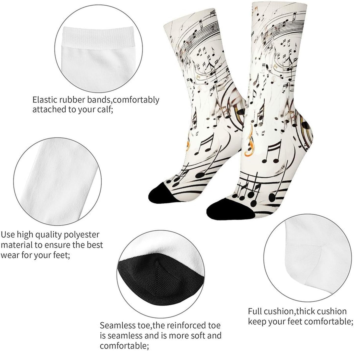 Breathable Sports Socks, Moisture Wicking, Lightweight Crew Socks | Music Notes Print Athletic Calf Socks for Women Men, Casual, Anti-Slip, Multifunctional Work Socks
