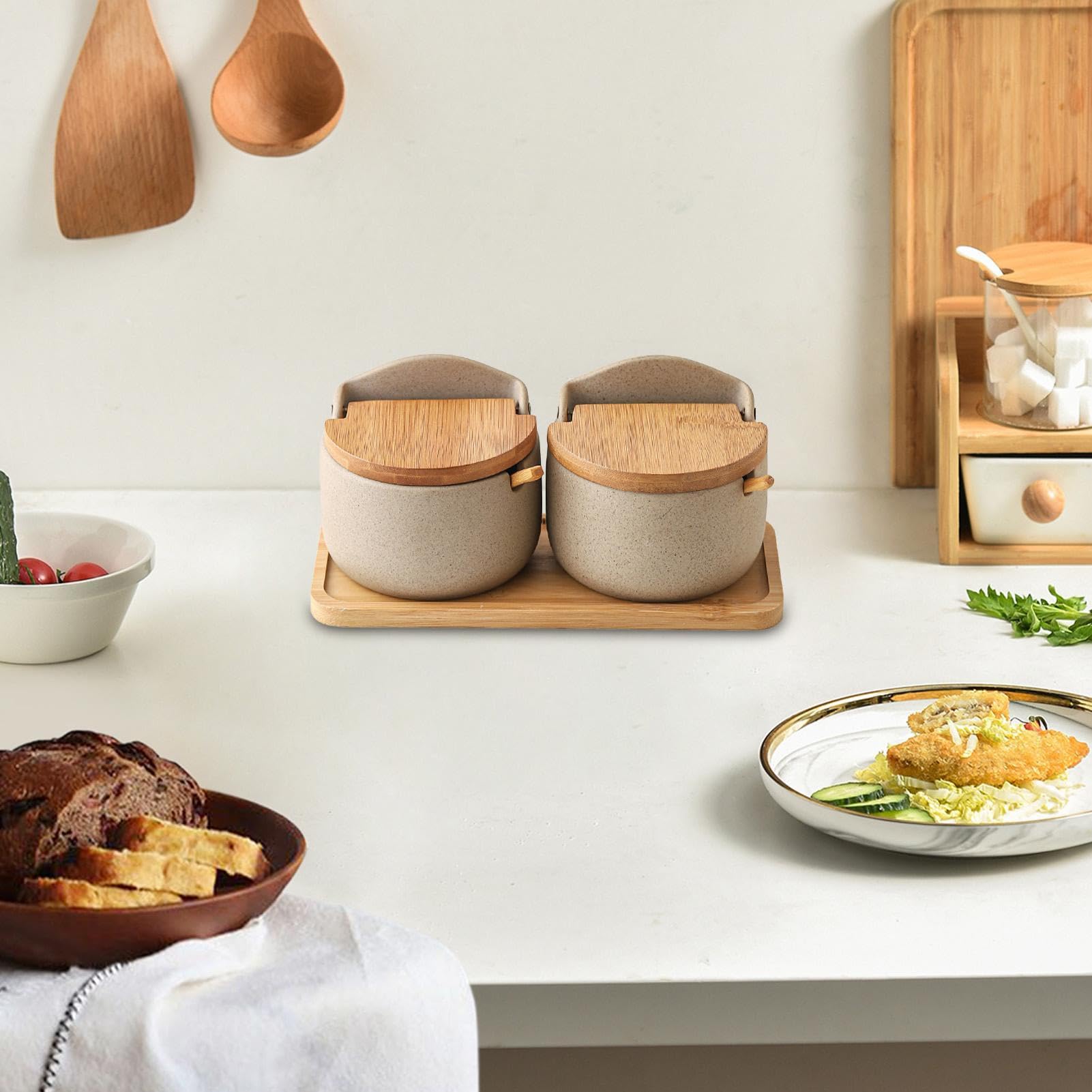 Salero – 2 saleros de cerámica con cuchara y tapa de madera